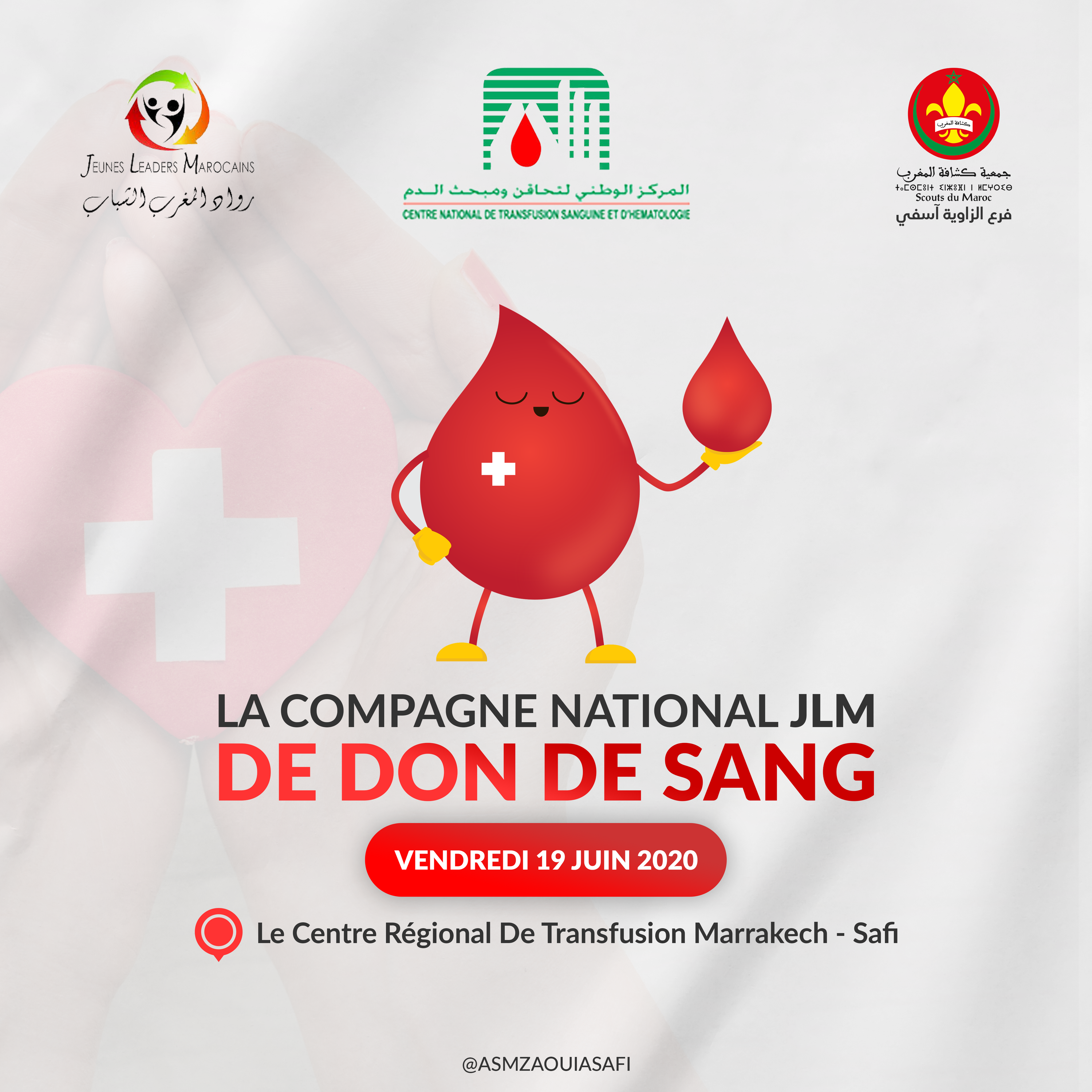 Red blood-drop character and donation headline on a pale background, with organiser marks above and location and date below.