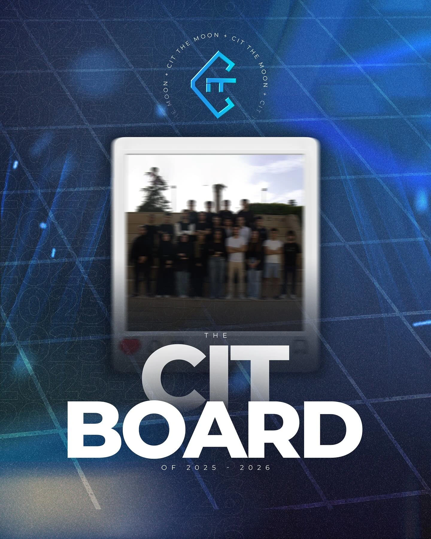 Framed group photograph above a large white CIT Board title on a dark blue geometric field.