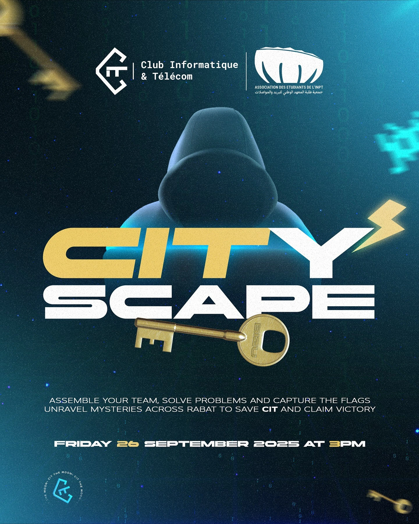 Gold City Scape lettering across a hooded figure, with a key motif and blue architectural atmosphere.