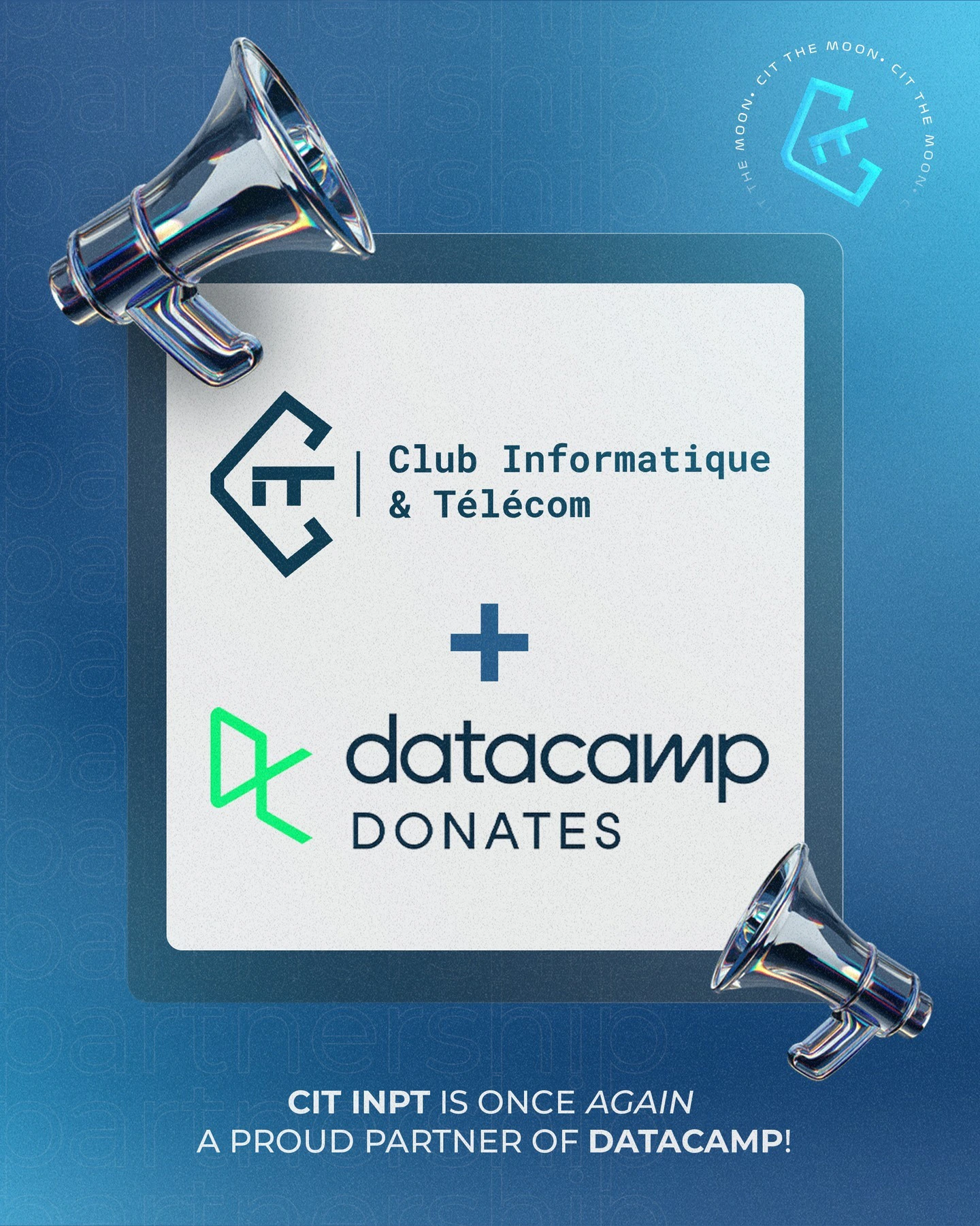 CIT and DataCamp logos inside a pale rounded panel with metallic megaphones against a blue technological background.