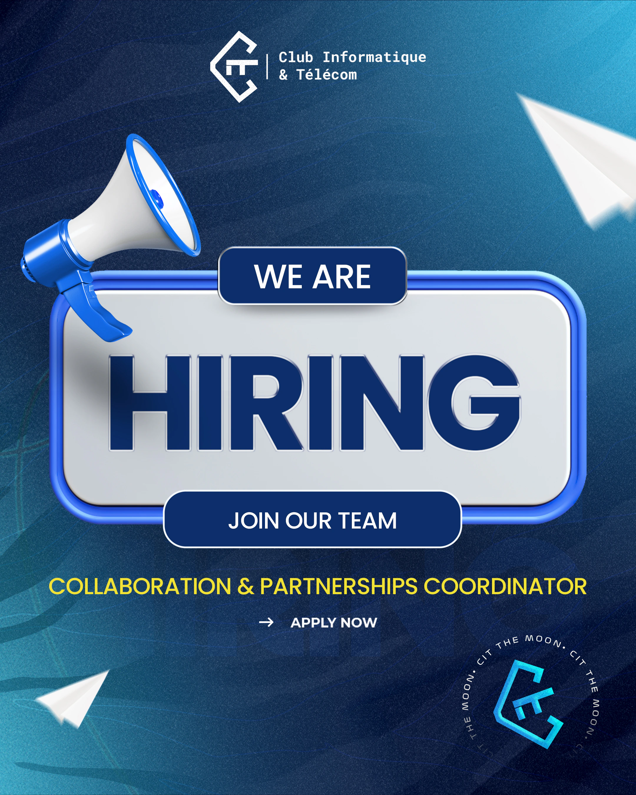 White Hiring headline in a rounded blue panel, with a megaphone, paper-plane graphics and smaller recruitment details.