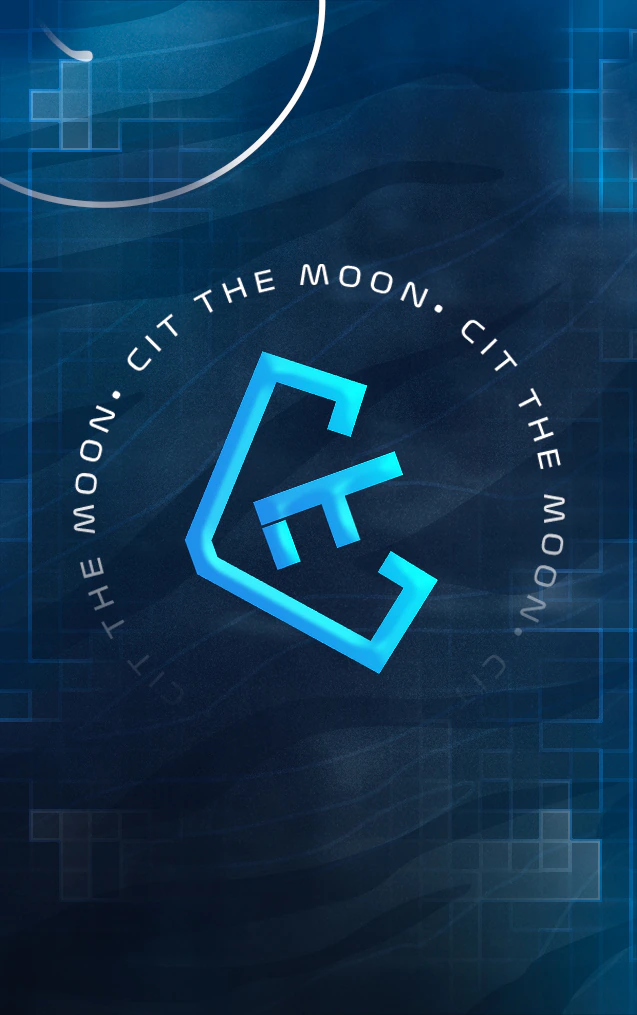 Cyan CIT symbol and curved CIT the Moon lettering on a dark blue geometric club badge.