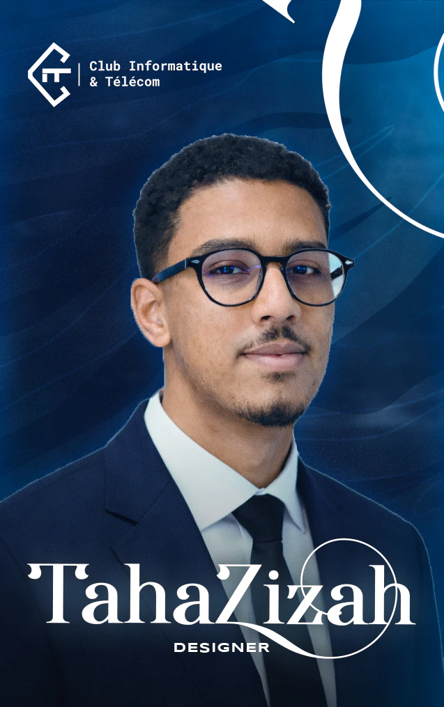 Blue CIT club membership badge featuring Taha Zizah’s portrait, name and designer role.