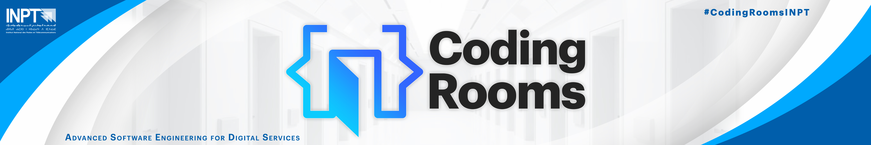 Wide Coding Rooms banner with a cyan-to-blue bracket-doorway symbol and black wordmark, pale architectural background, curved blue edge bands and INPT credits.