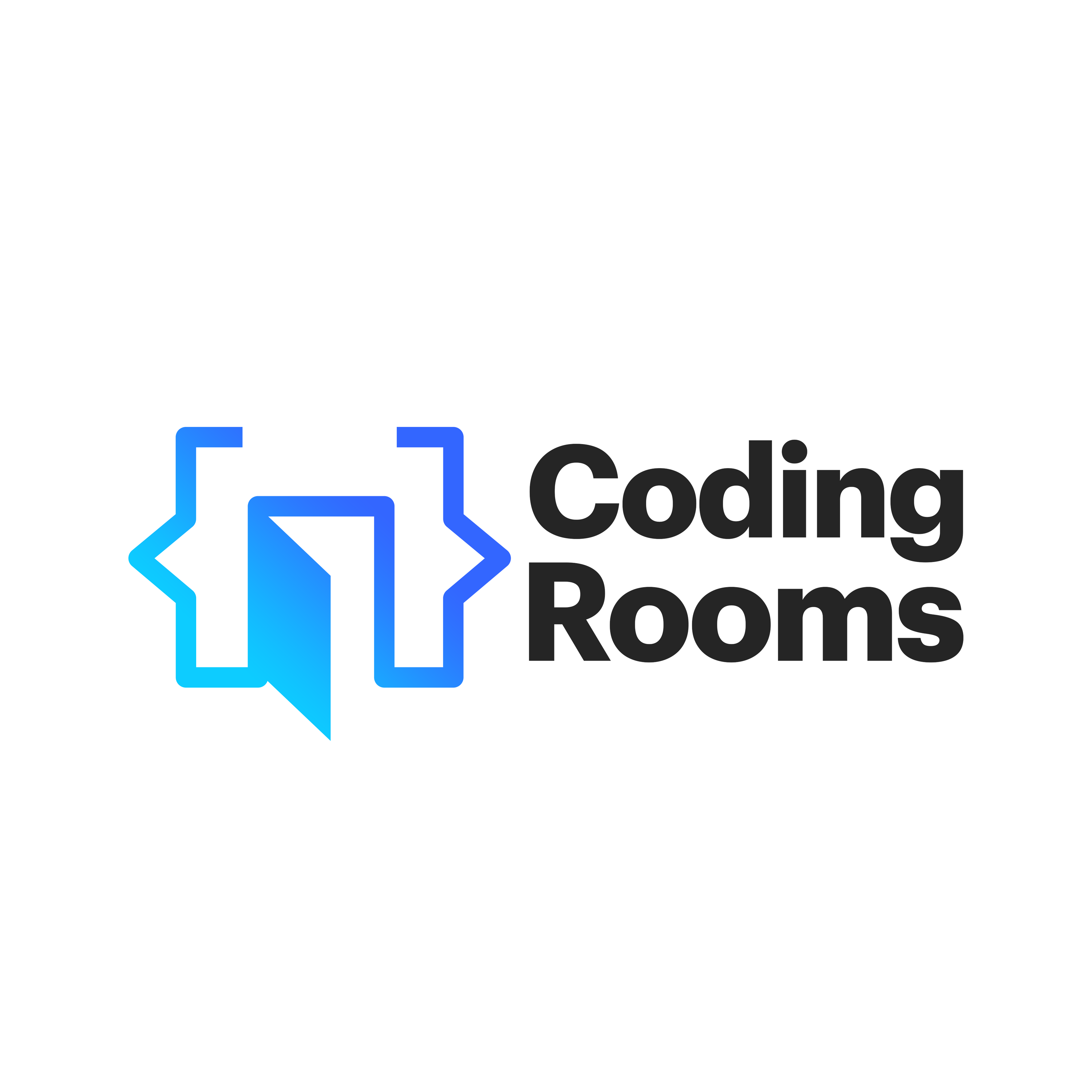 Cyan-to-blue code brackets form a doorway beside a bold black Coding Rooms wordmark on white.