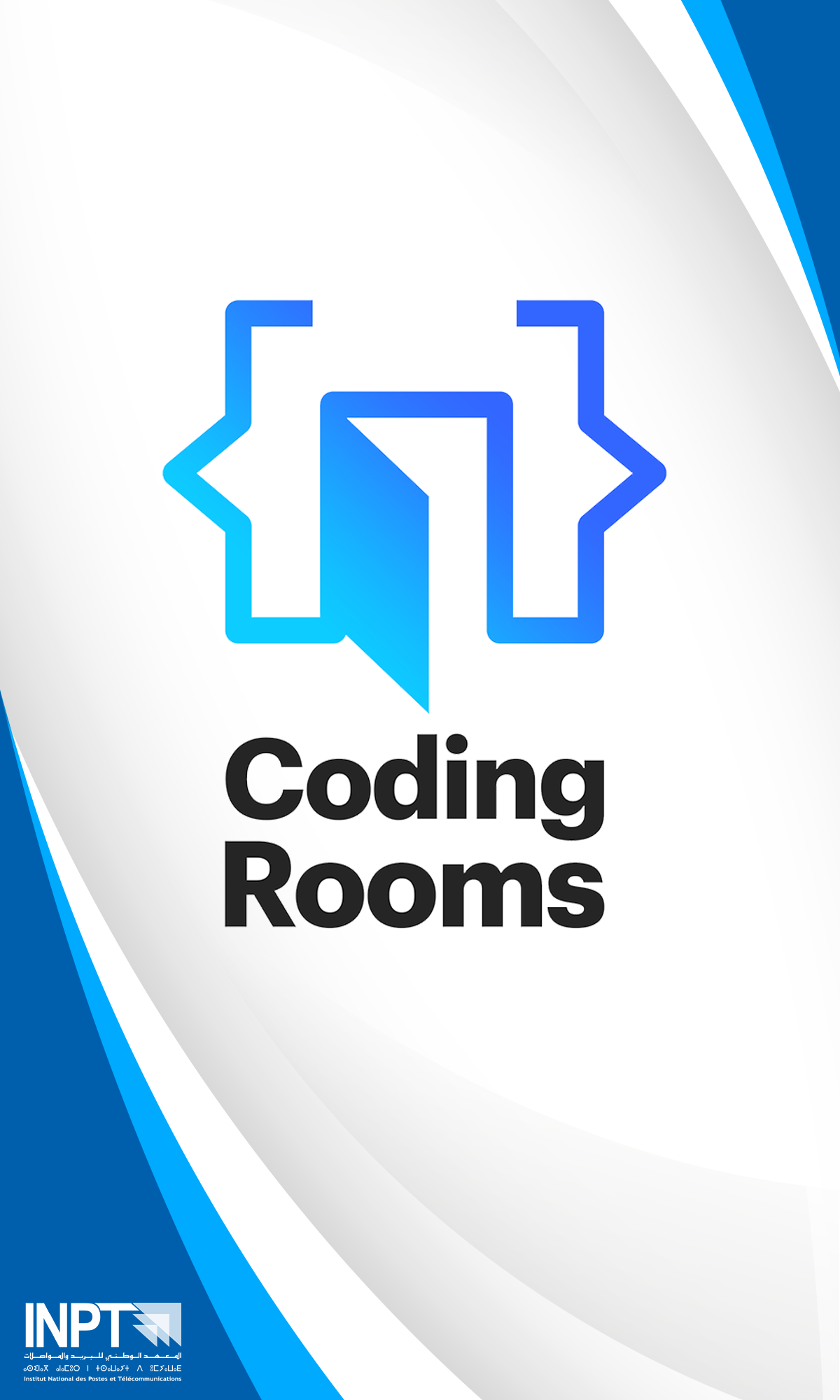 Tall white roll-up artwork with a blue bracket-doorway symbol above a stacked black wordmark, framed by diagonal blue bands.