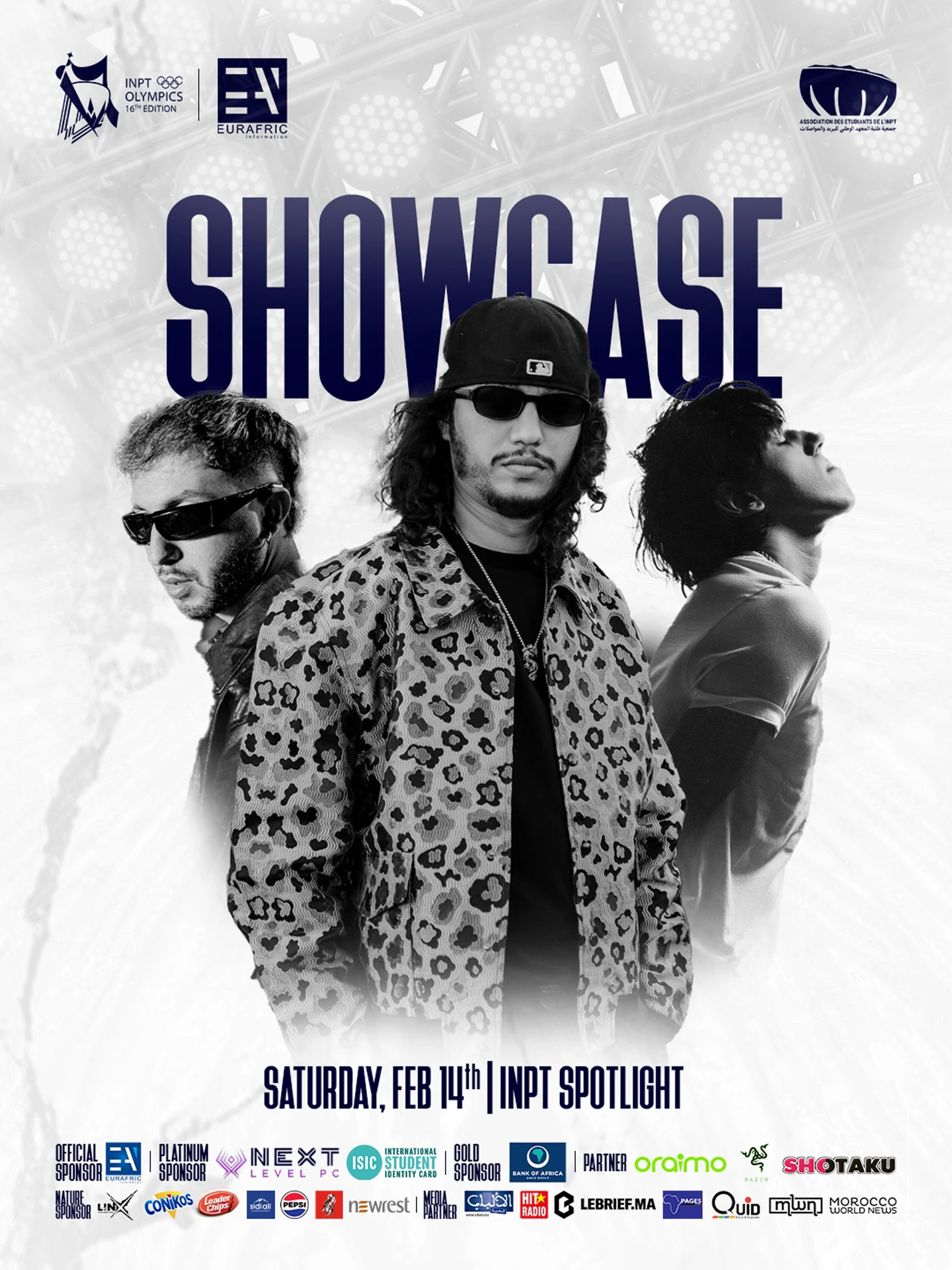 Showcase announcement for the sixteenth INPT Olympiades, with three monochrome artist portraits, navy condensed typography and sponsor credits.