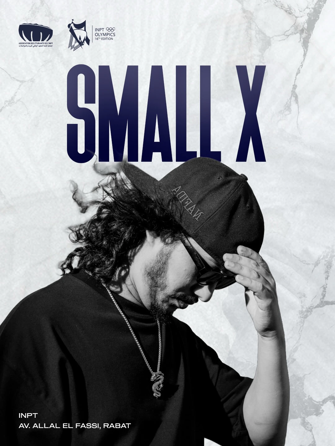 Small X artist poster for the sixteenth INPT Olympiades, with a black-and-white portrait against marble and a large navy heading.