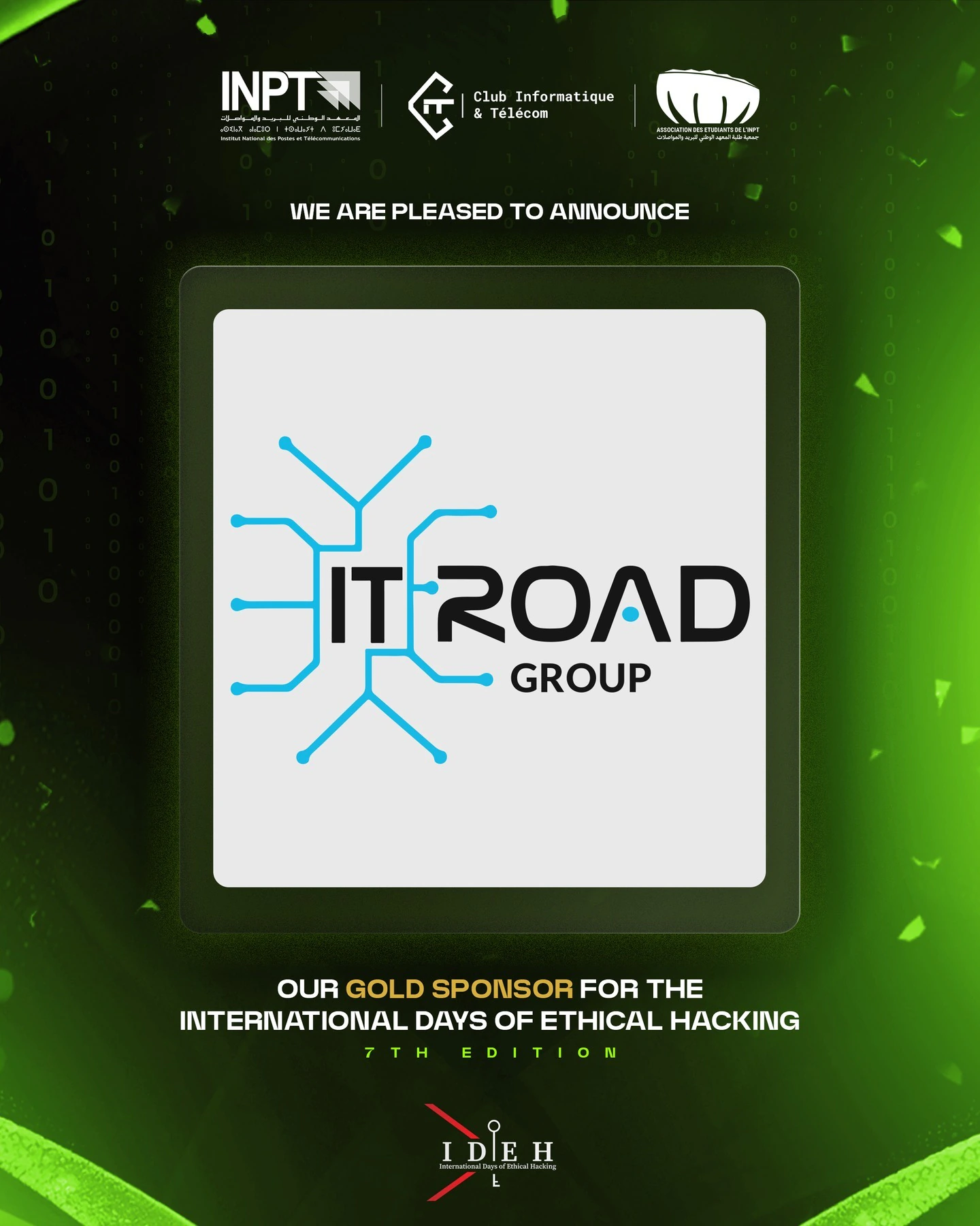 ITROAD Group mark fills a pale panel inside the green IDEH campaign frame, with a gold sponsor announcement below.
