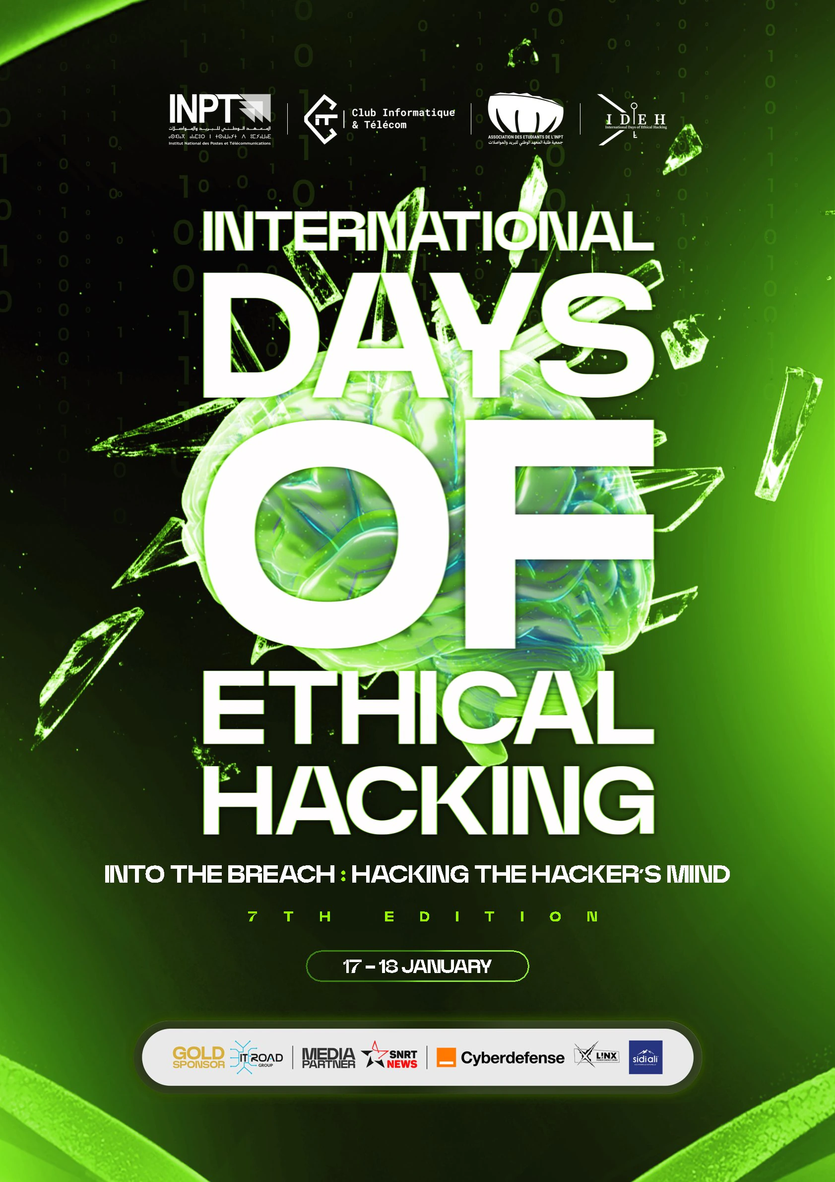 Stacked white ethical-hacking event title around a fragmented green brain, with a date capsule and partner marks below.