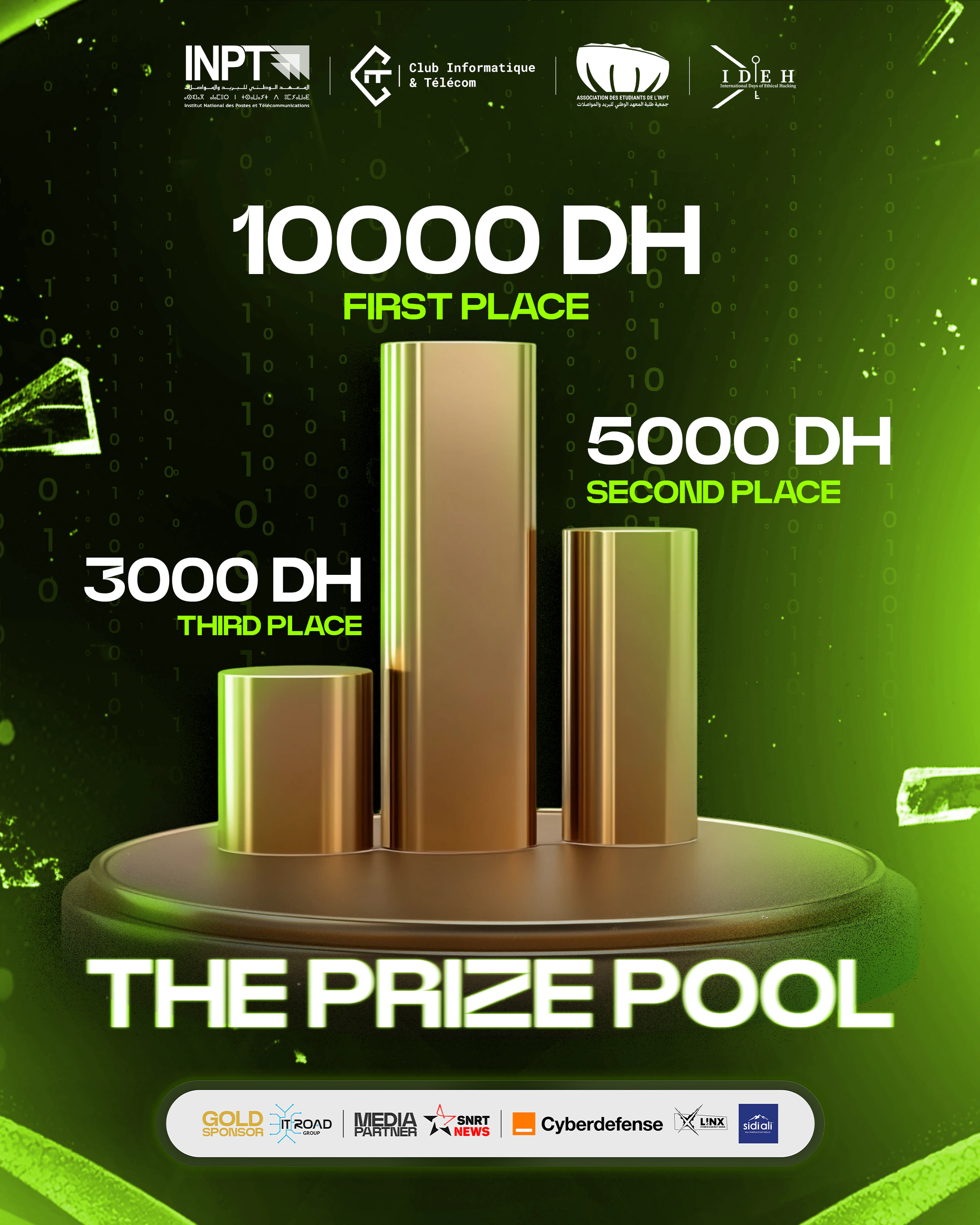 Gold three-level podium and white prize amounts on a luminous green field, headed by event and partner marks.