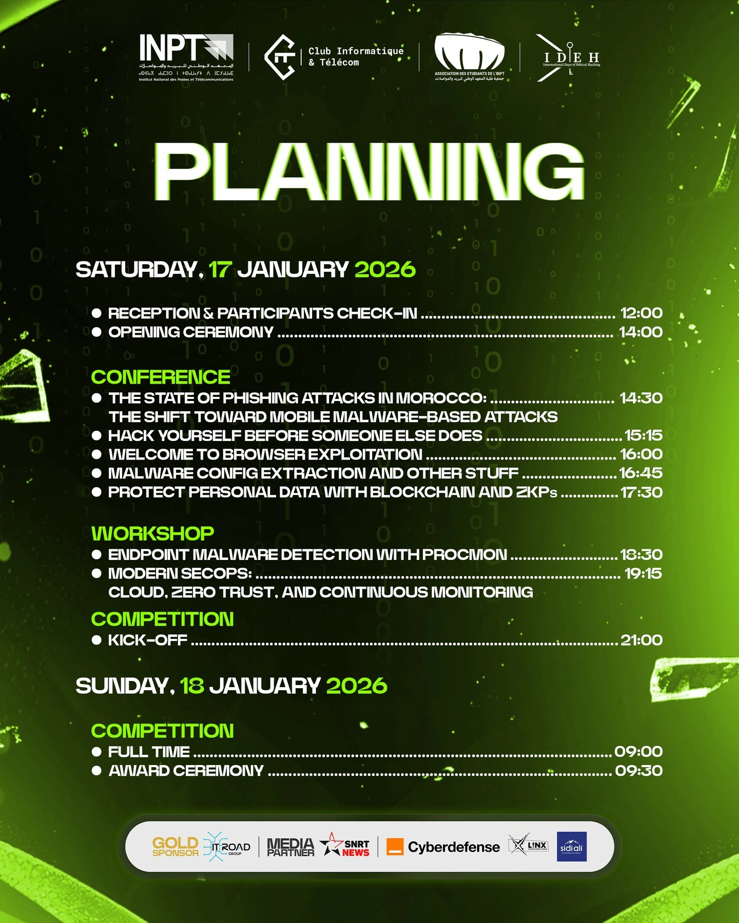 Dense white ethical-hacking programme arranged by day and time on a dark green field, with lime graphic fragments and a sponsor strip.