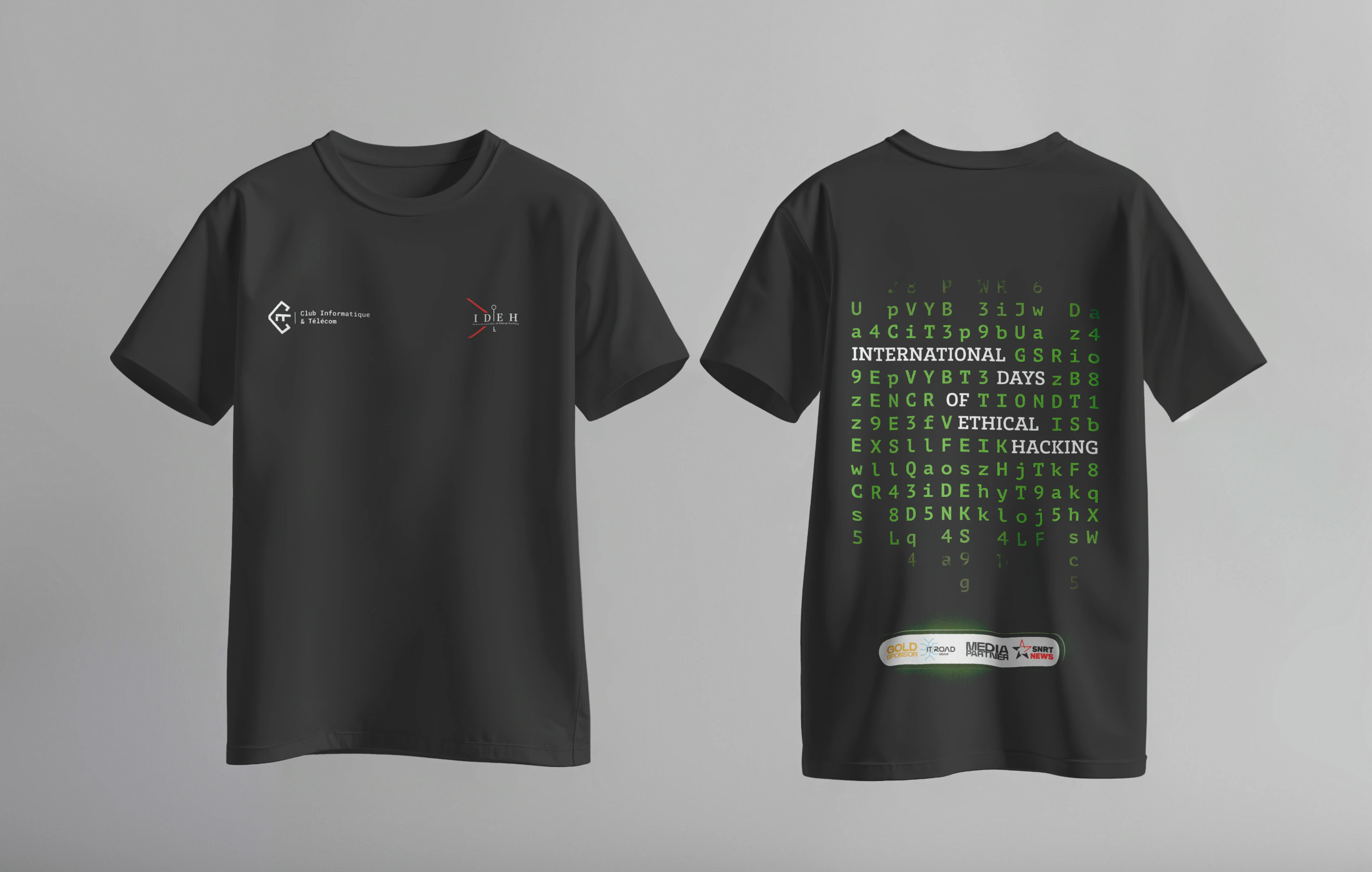 Front and back black shirt mockups: small CIT and IDEH chest marks, and a green code-inspired typographic design on the back.
