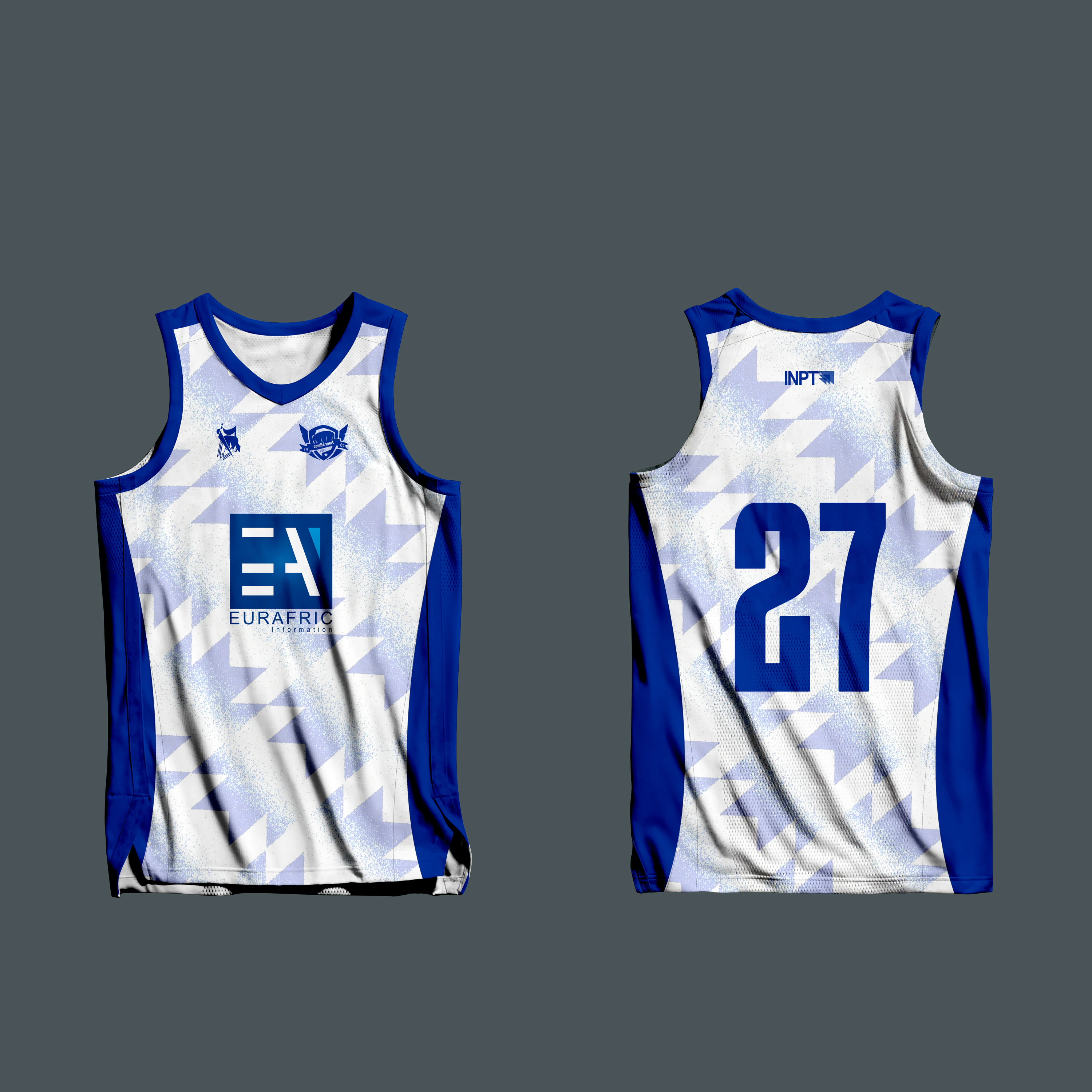 Front and back basketball-kit mockups in white and blue with angular patterned panels and large numerals.
