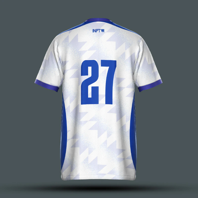 Back football-shirt mockup with large blue 27 numerals on a pale geometric pattern.