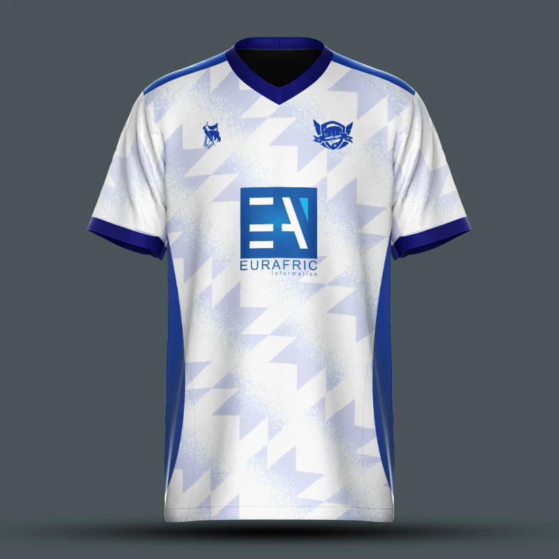 Front football-shirt mockup with pale geometric pattern, blue collar and cuffs, team marks and a central sponsor.
