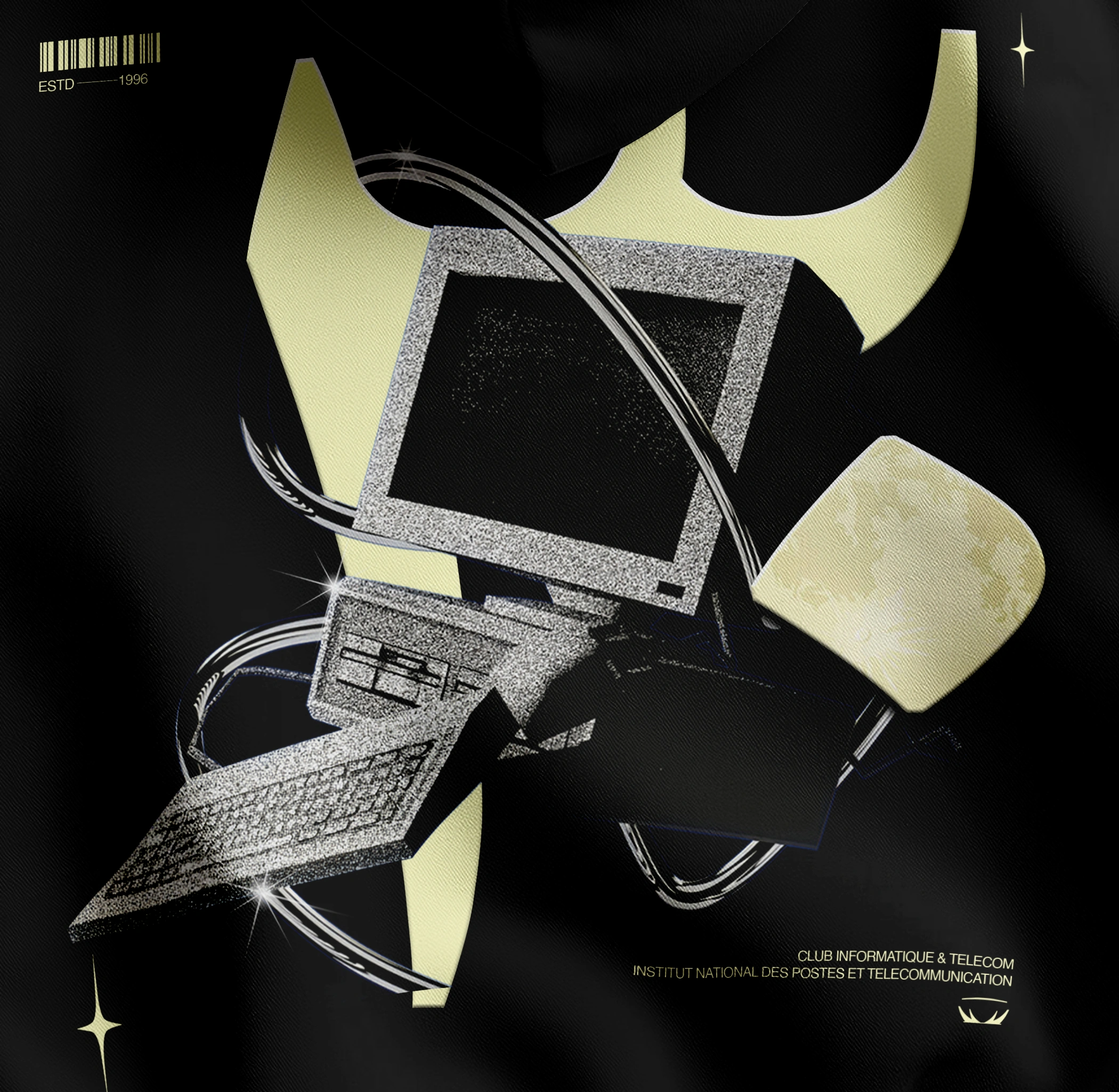 Detail of the existing black hoodie mockup: retro computer, metallic orbit lines and pale yellow shapes; fabric and print texture remain visible.