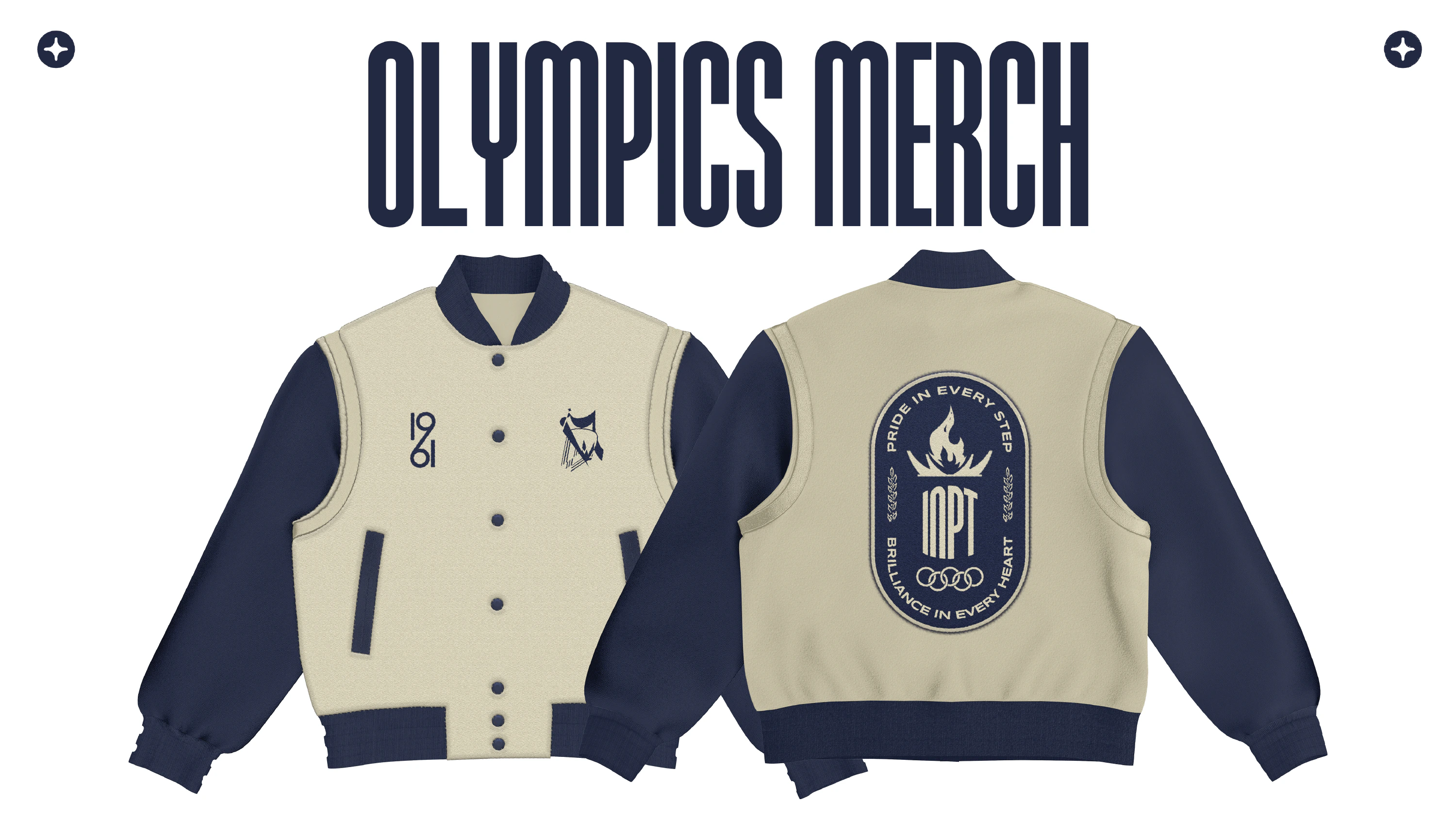 Front and back varsity jacket mockups in cream and navy under an Olympics Merch title, with a large back crest.