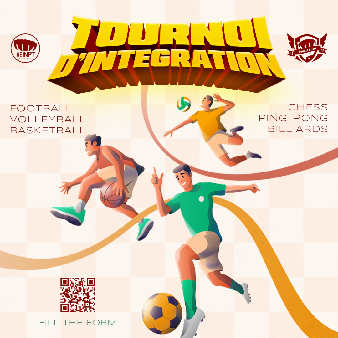 Illustrated football, basketball and volleyball players follow sweeping red paths beneath a dimensional yellow tournament title.