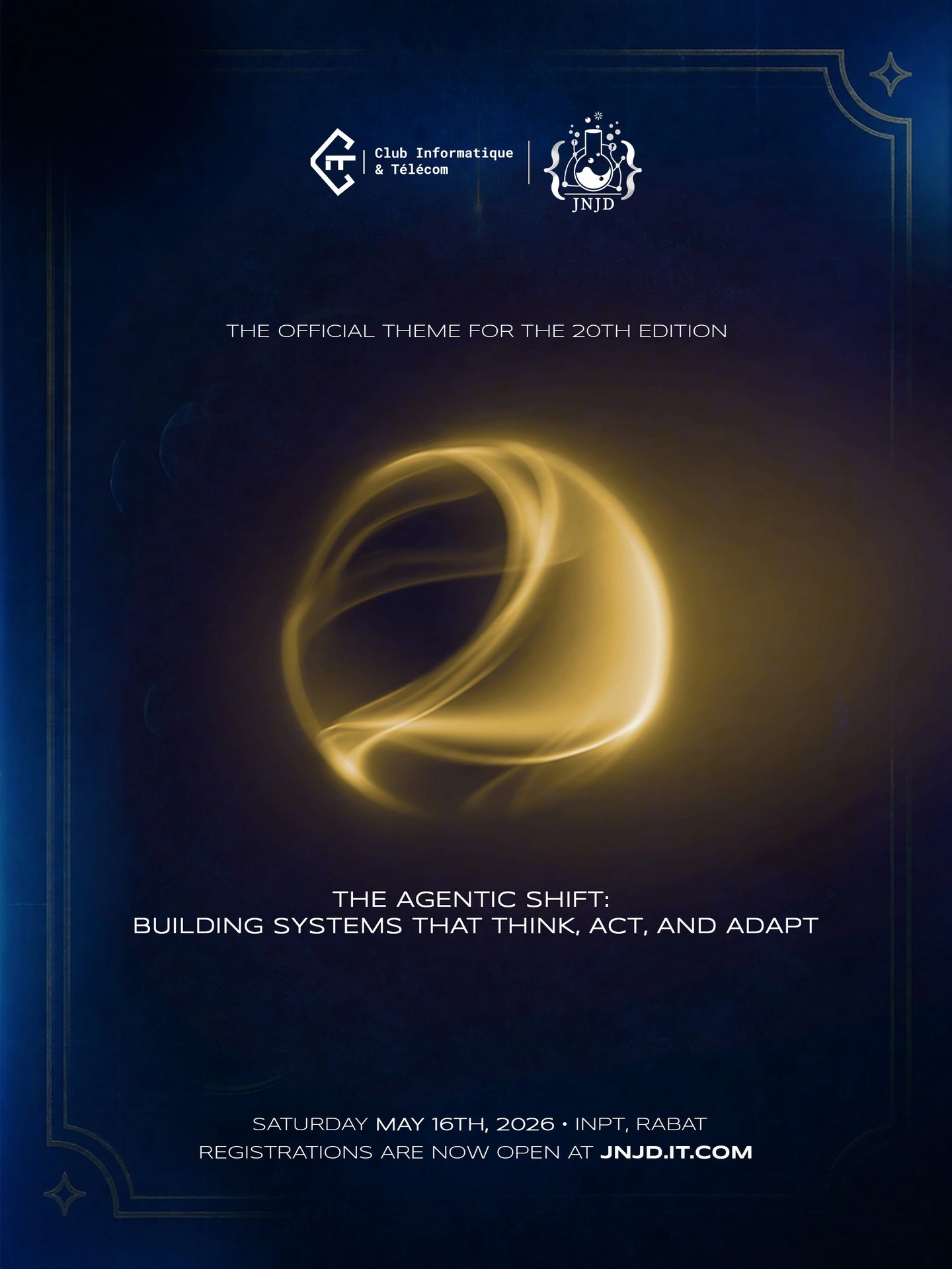 A glowing gold curve hints at the anniversary numeral on a navy field, with event theme and date below.