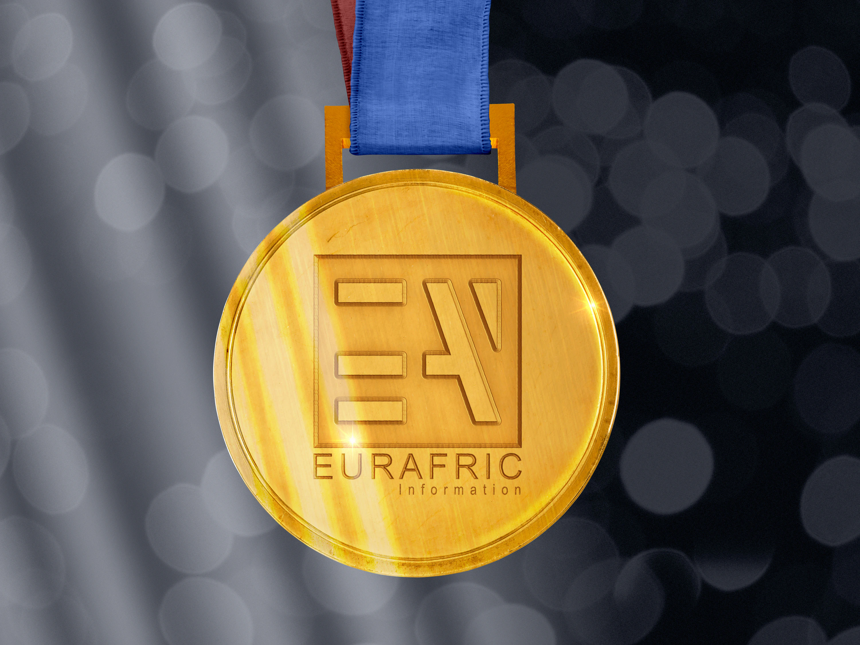 Reverse of a gold medal mockup with embossed EURAFRIC branding, hanging from a blue ribbon.