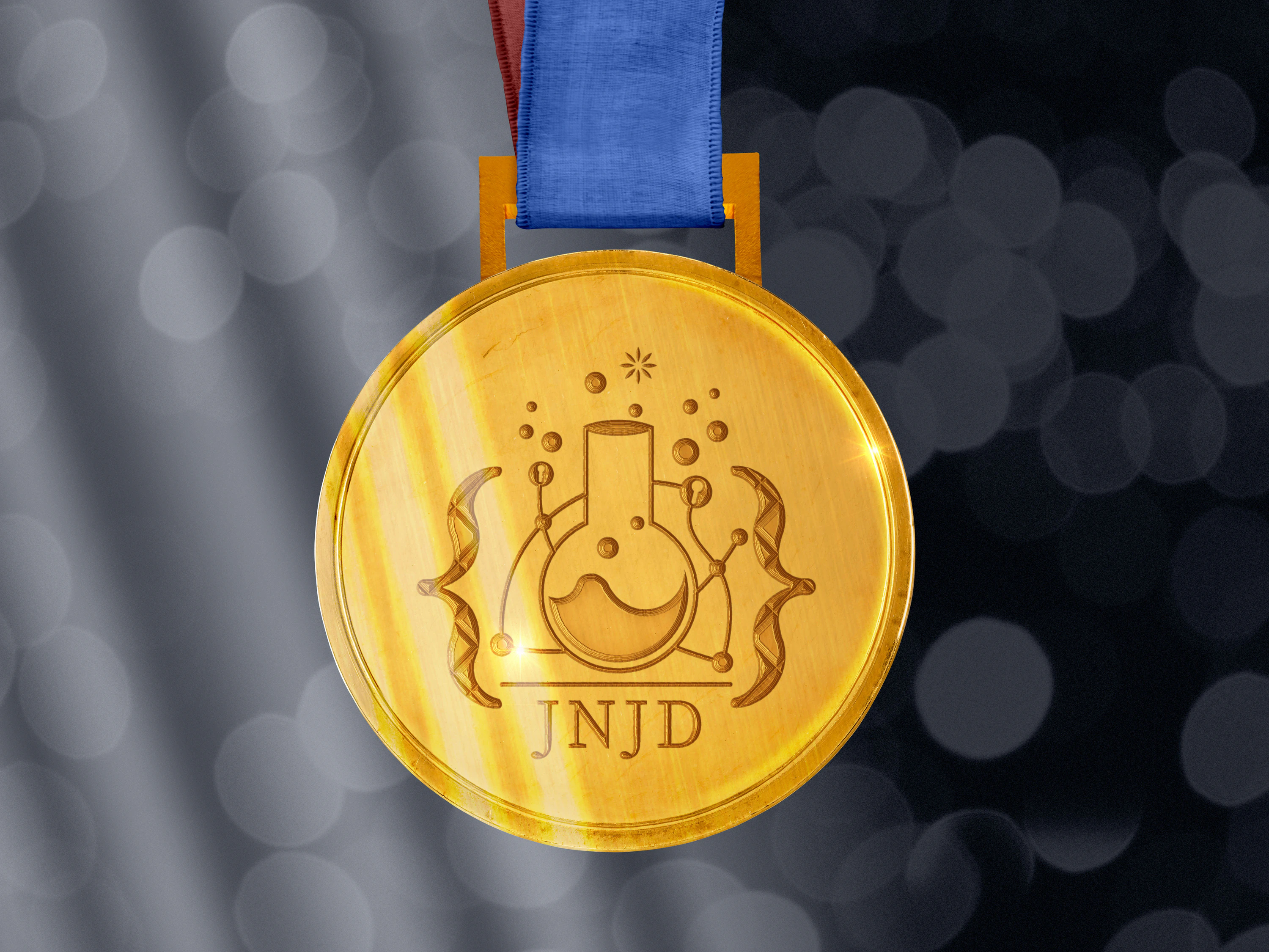 Gold medal mockup on a blue ribbon, with an embossed JNJD emblem and dark blurred background.
