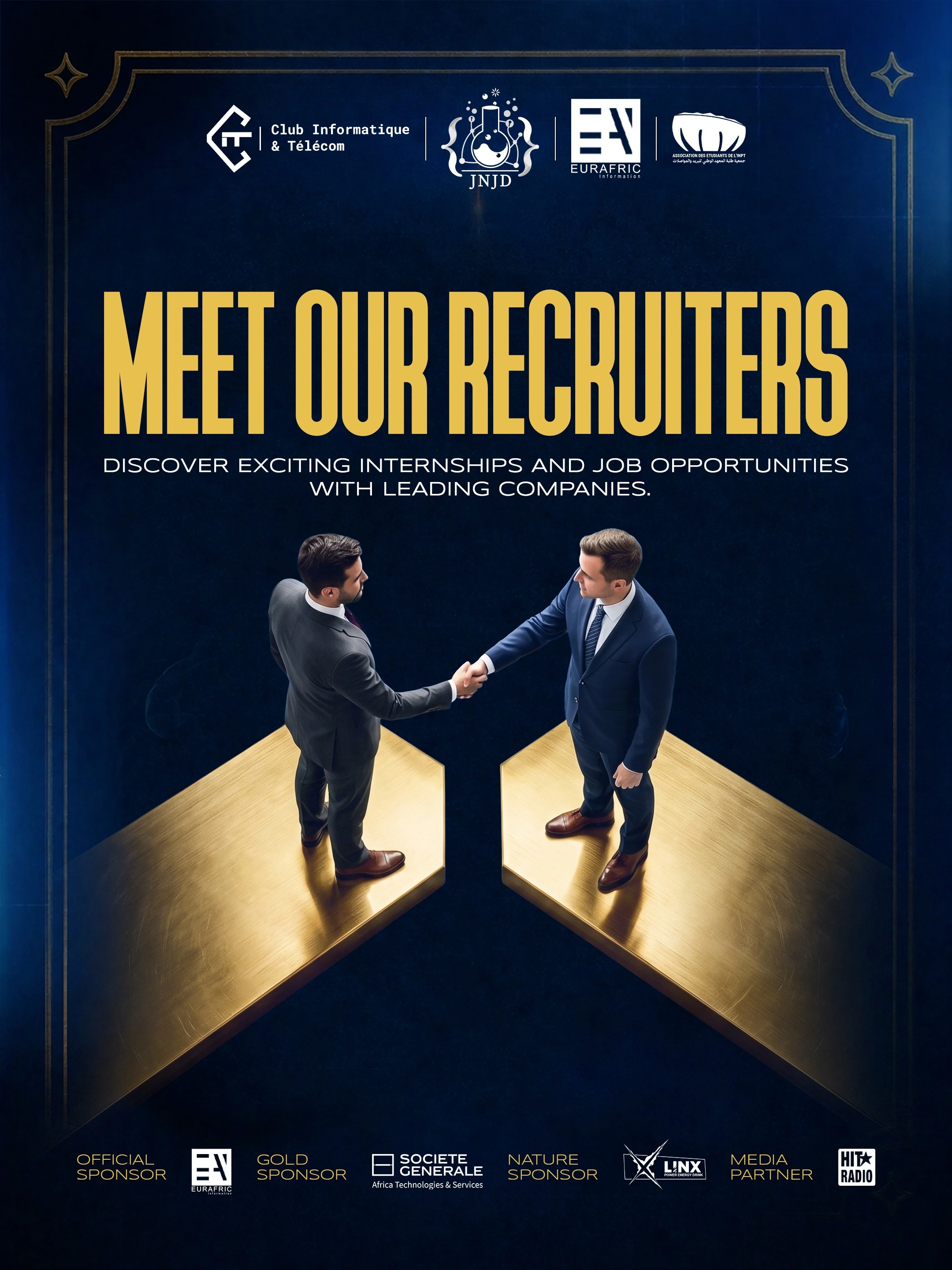 Two figures shake hands across a gap under a gold Meet Our Recruiters headline on navy.