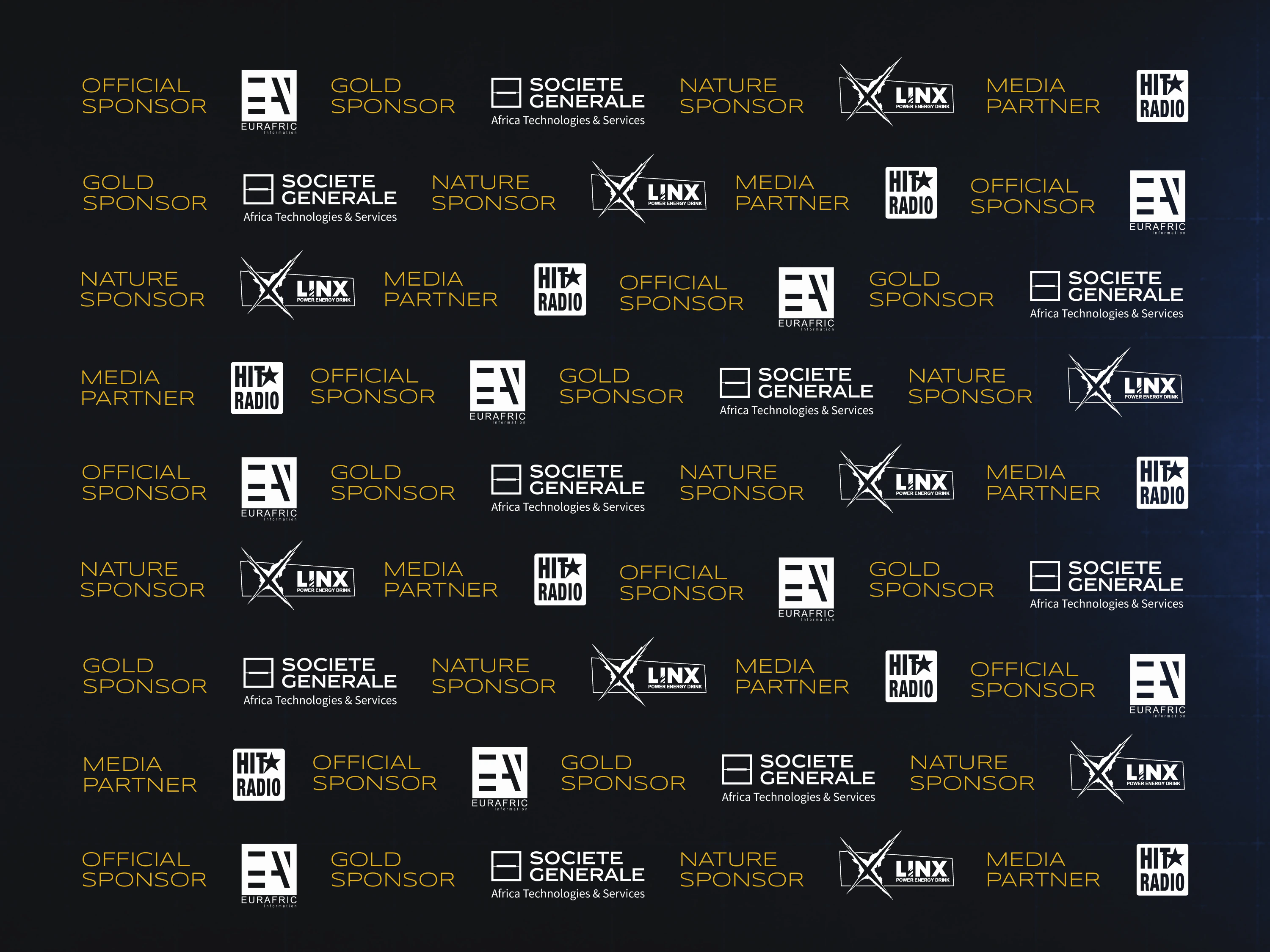 Repeating event and partner marks in gold and white form a staggered pattern on a wide navy photocall artwork.