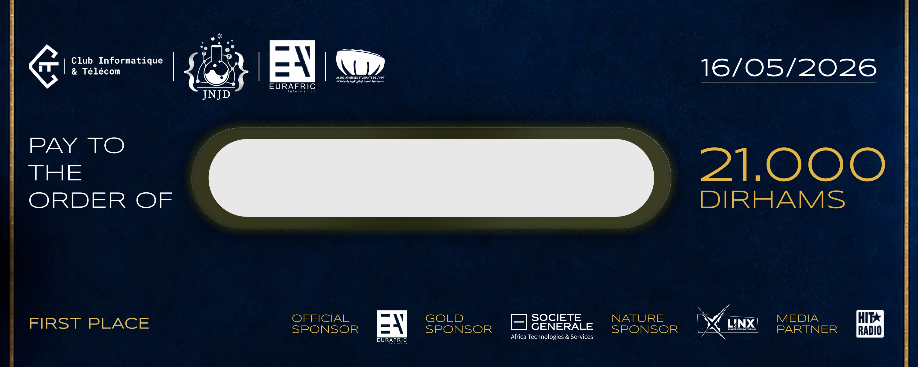 JNJD — Prize Cheque — 1: navy-and-gold horizontal prize-cheque artwork, with a blank recipient field, amount and partner marks.