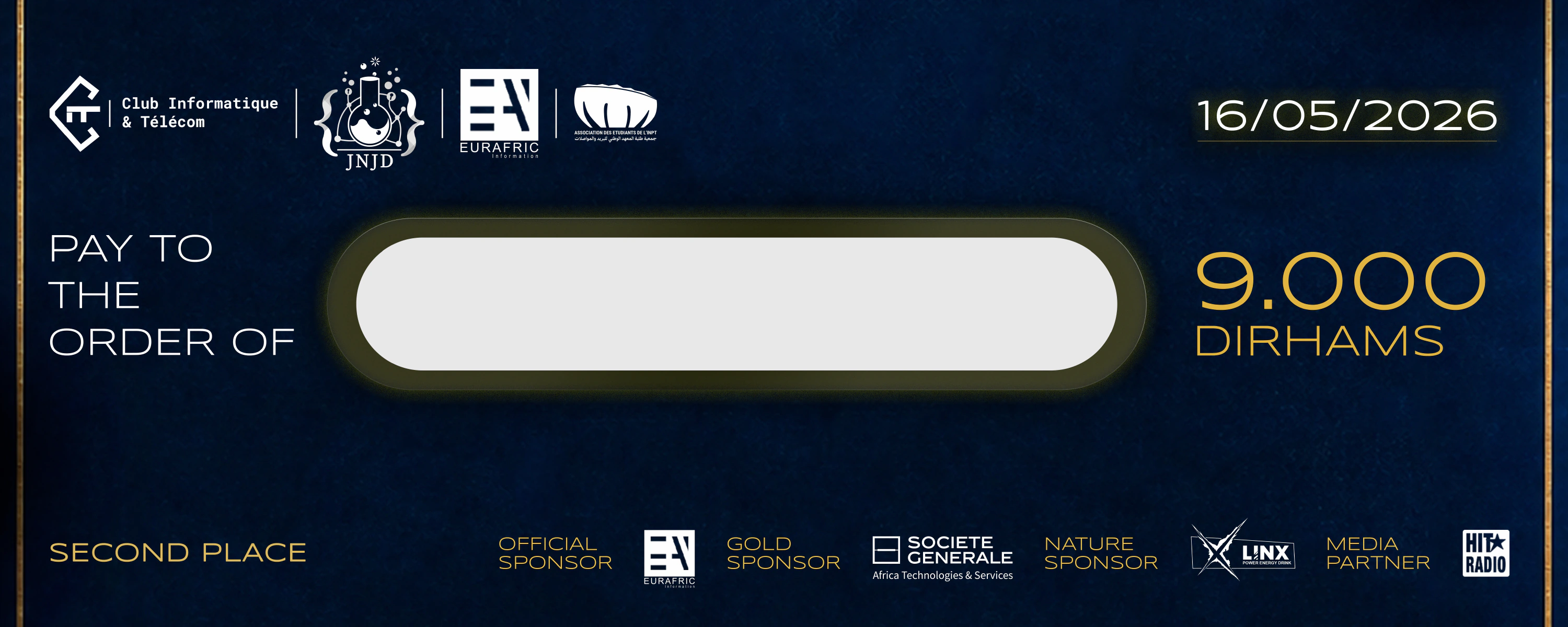 JNJD — Prize Cheque — 2: navy-and-gold horizontal prize-cheque artwork, with a blank recipient field, amount and partner marks.