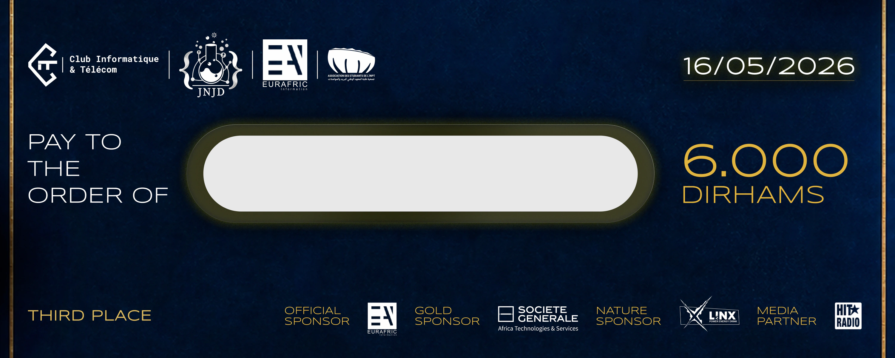 JNJD — Prize Cheque — 3: navy-and-gold horizontal prize-cheque artwork, with a blank recipient field, amount and partner marks.