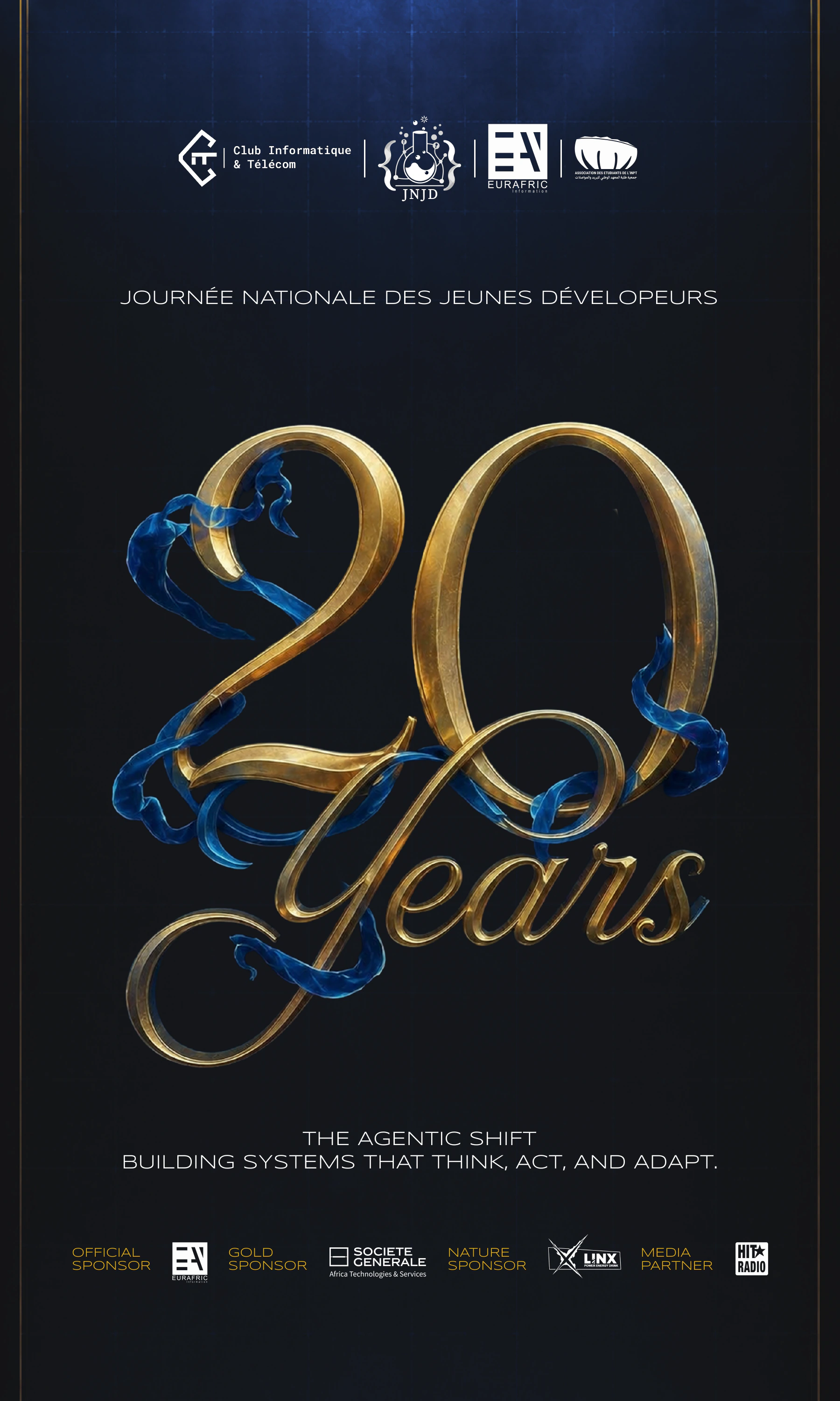 Tall navy roll-up artwork with the gold 20 Years motif centred between partner marks and event information.