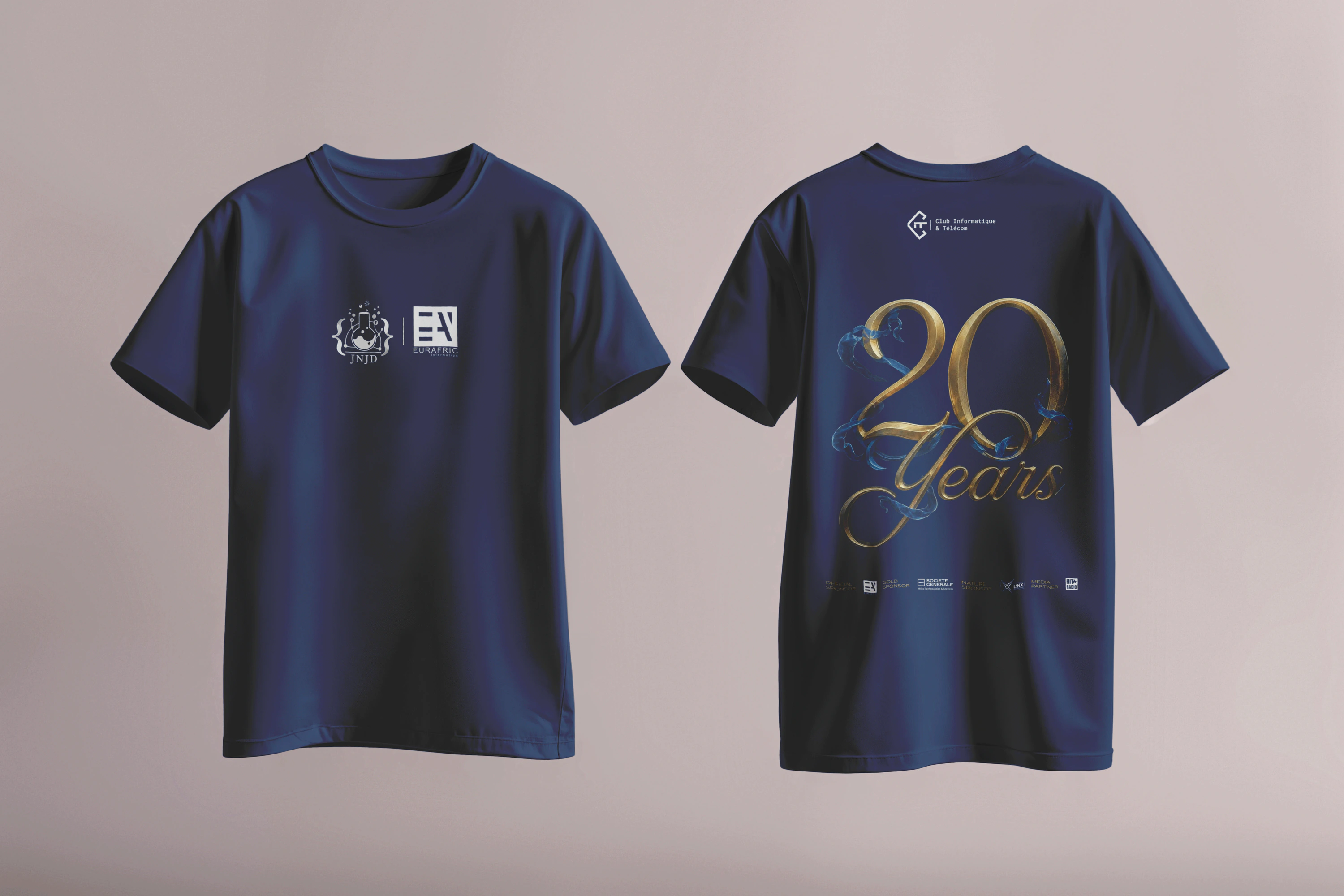 Mockup of navy shirts: a small front emblem and a large gold-and-blue anniversary graphic on the back.