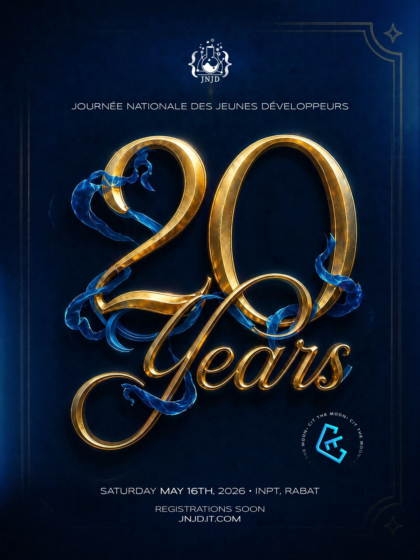 Gold dimensional 20 Years lettering entwined with blue ribbons on a navy field, inside a thin anniversary border.