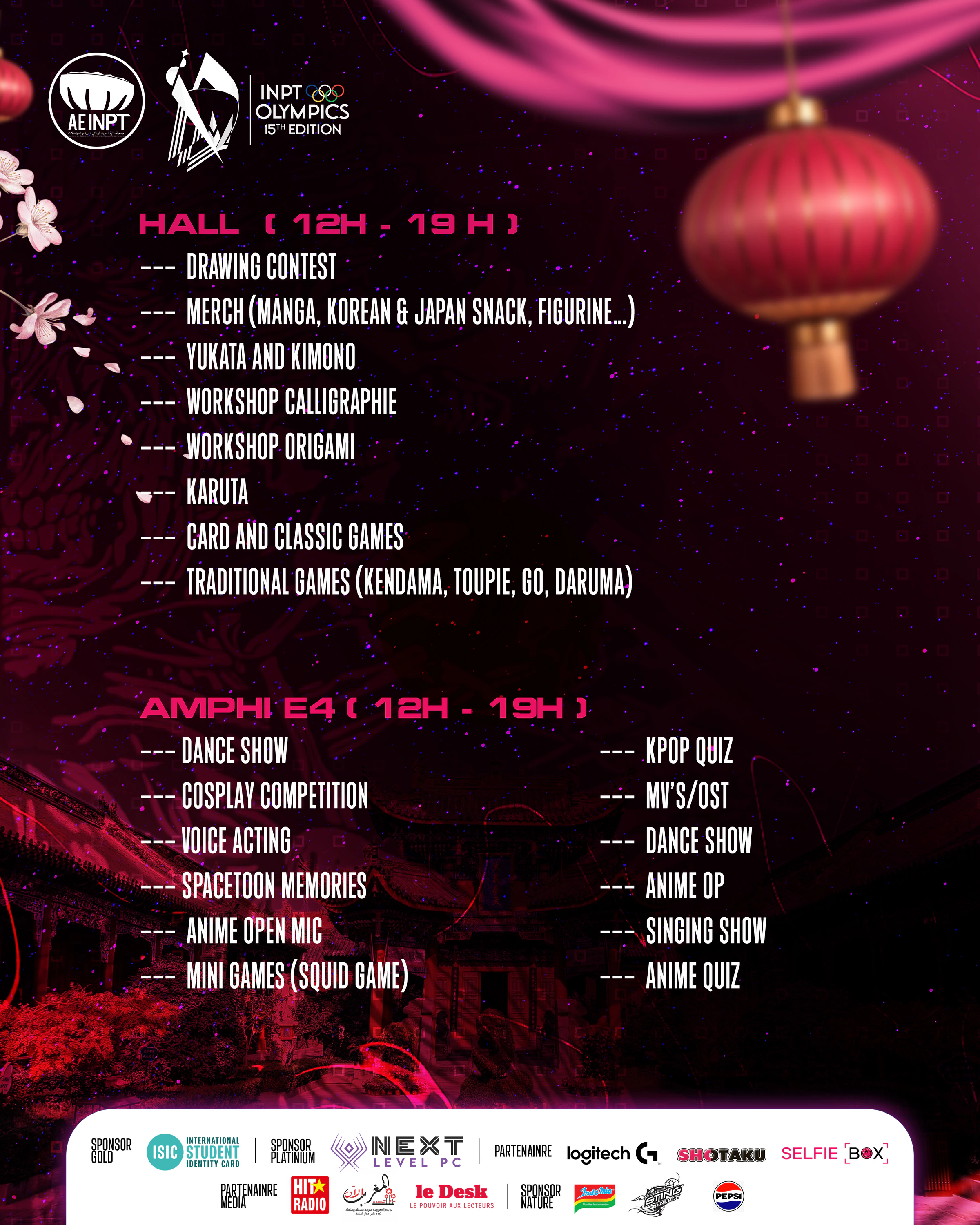 A dense white programme list divided into venue and time groups on a dark magenta field with red lantern and sponsor footer.