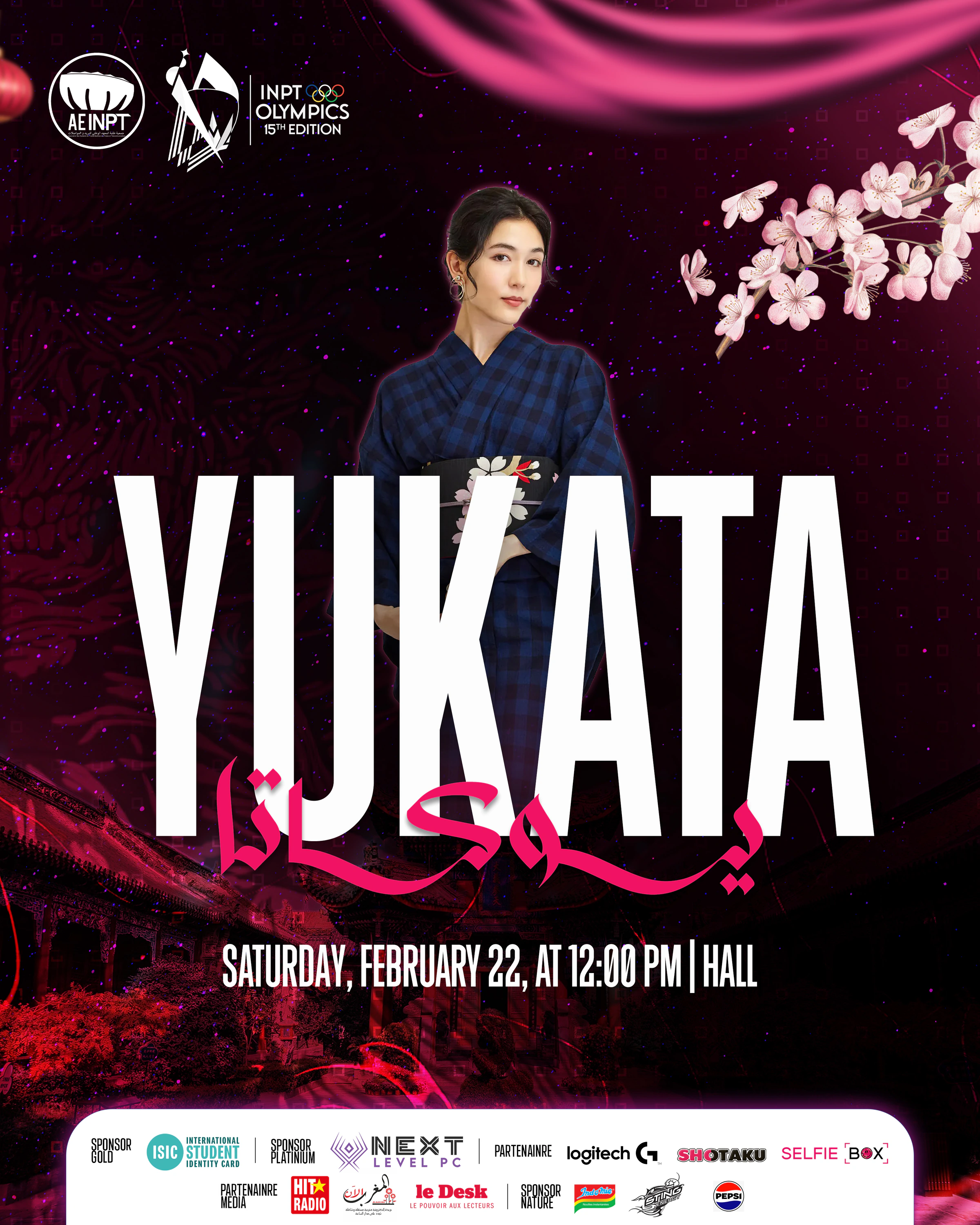 Olympiades XV — Yukata. Magenta cultural-event poster with condensed white Latin titles, expressive Arabic lettering, red fabric framing and a white sponsor footer.