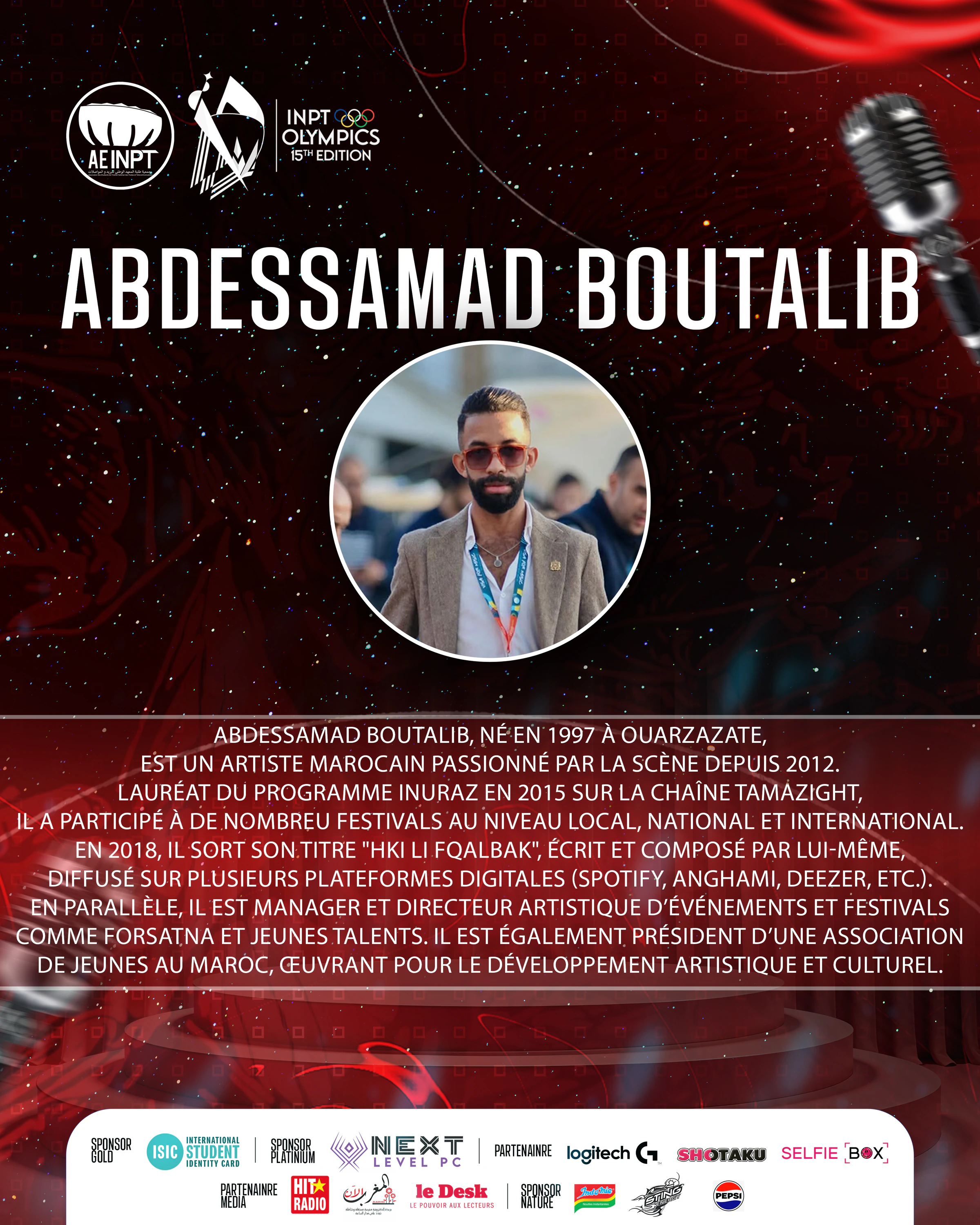 Olympiades XV — Abdessamad Boutalib. Red stage-themed poster with microphones, white condensed Latin typography, Arabic accents and a white sponsor footer.