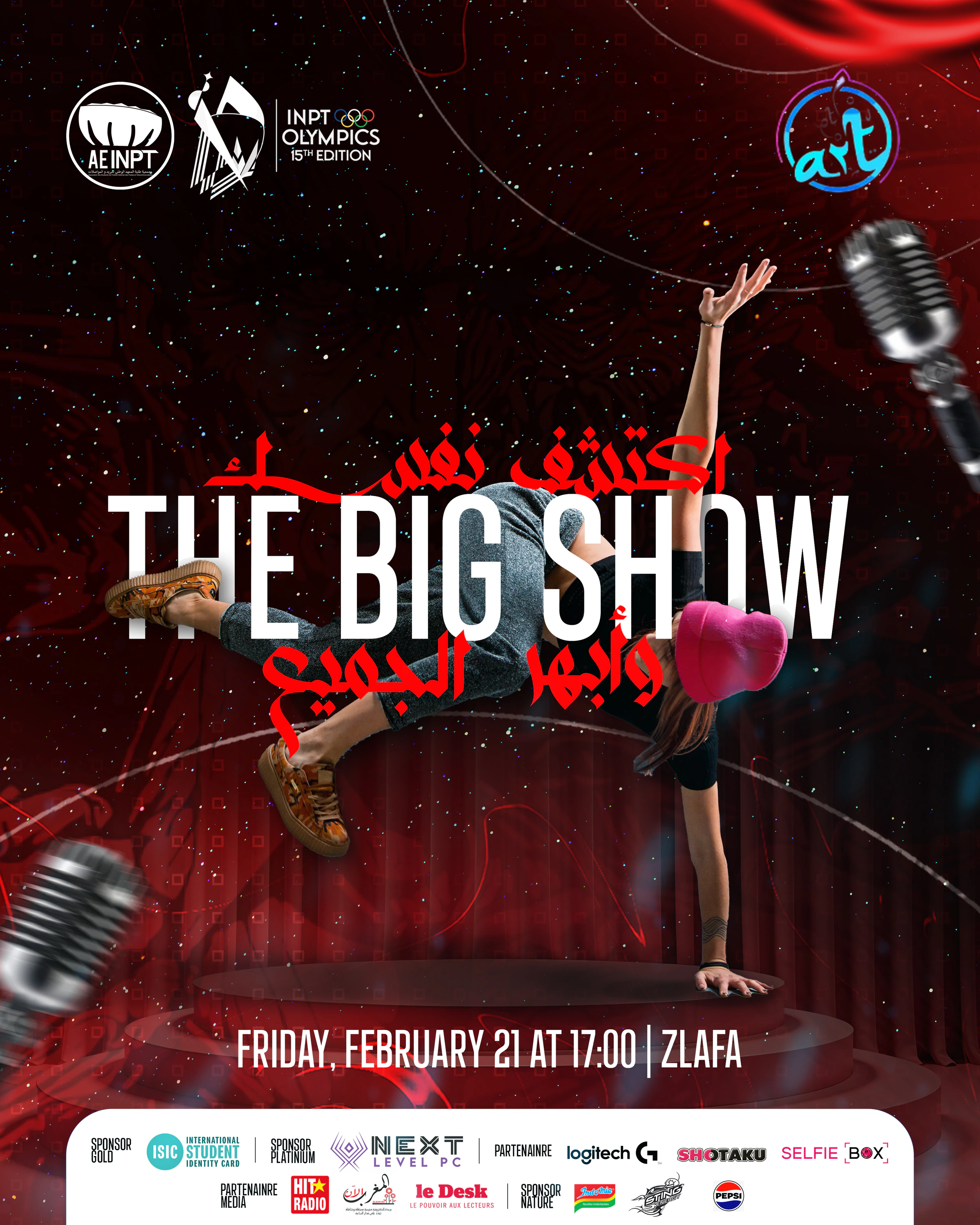 Olympiades XV — Big Show. Red stage-themed poster with microphones, white condensed Latin typography, Arabic accents and a white sponsor footer.