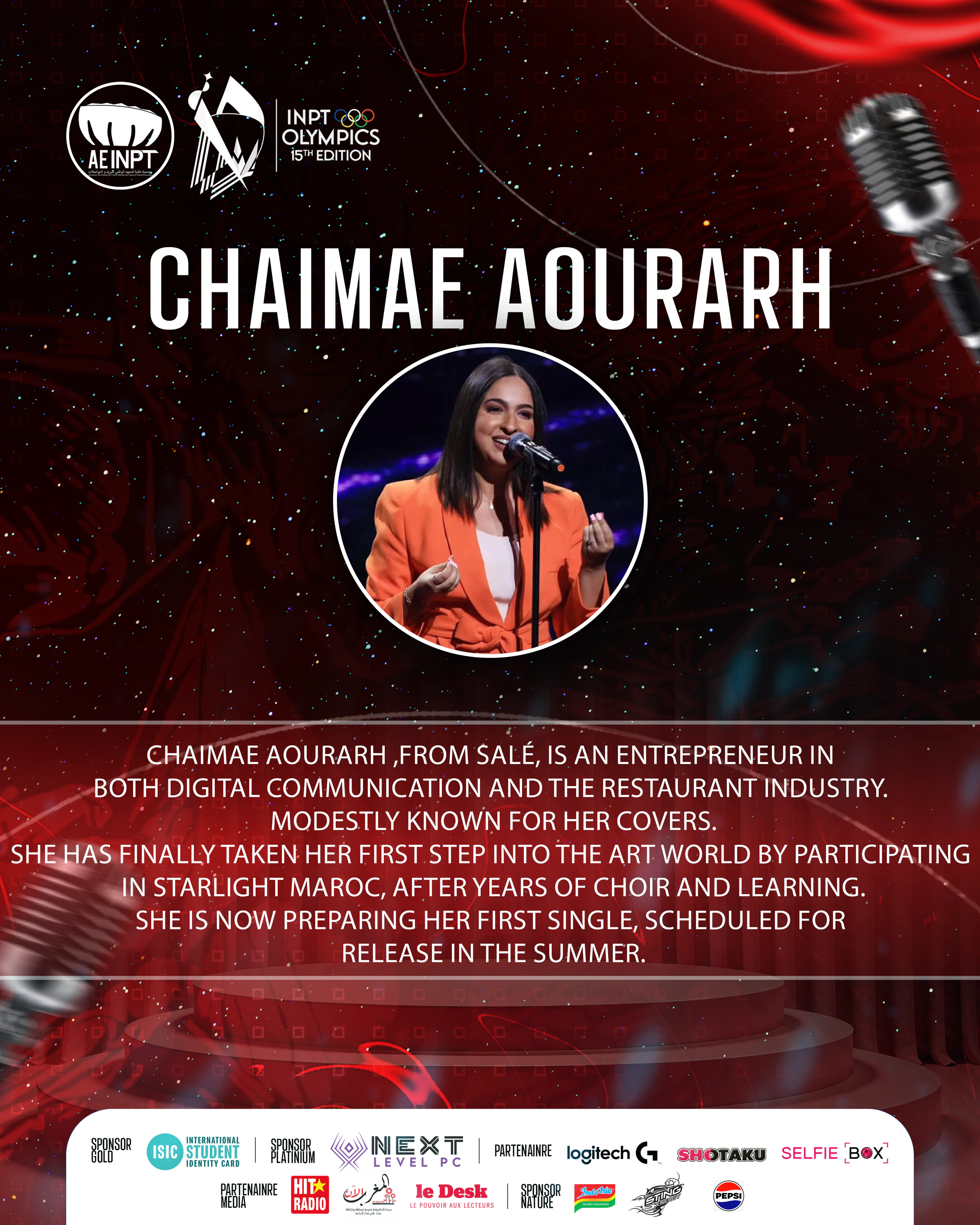 Olympiades XV — Chaimae Aourarh. Red stage-themed poster with microphones, white condensed Latin typography, Arabic accents and a white sponsor footer.