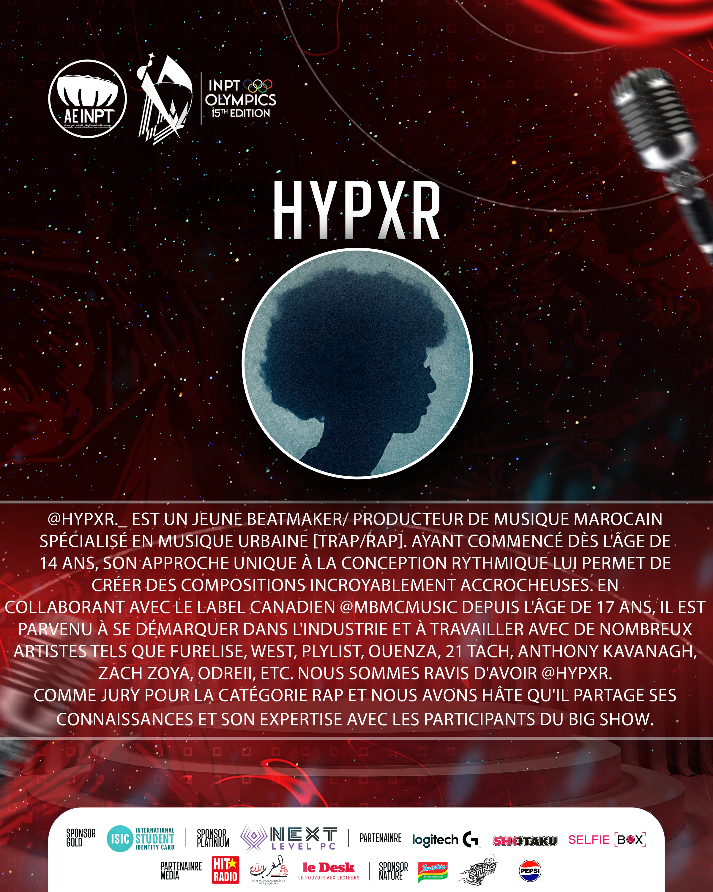 Olympiades XV — Hypr. Red stage-themed poster with microphones, white condensed Latin typography, Arabic accents and a white sponsor footer.