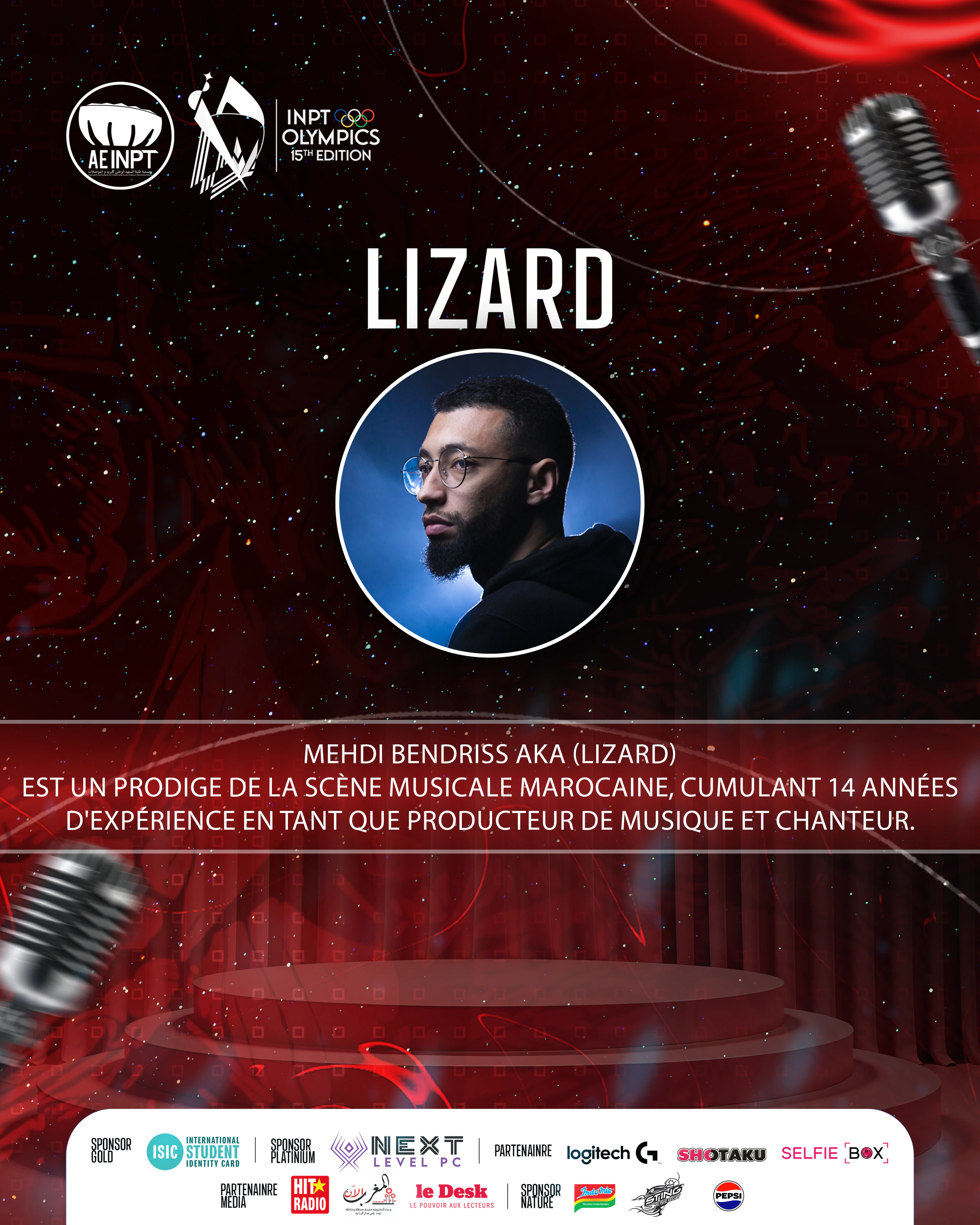 Olympiades XV — Lizard. Red stage-themed poster with microphones, white condensed Latin typography, Arabic accents and a white sponsor footer.