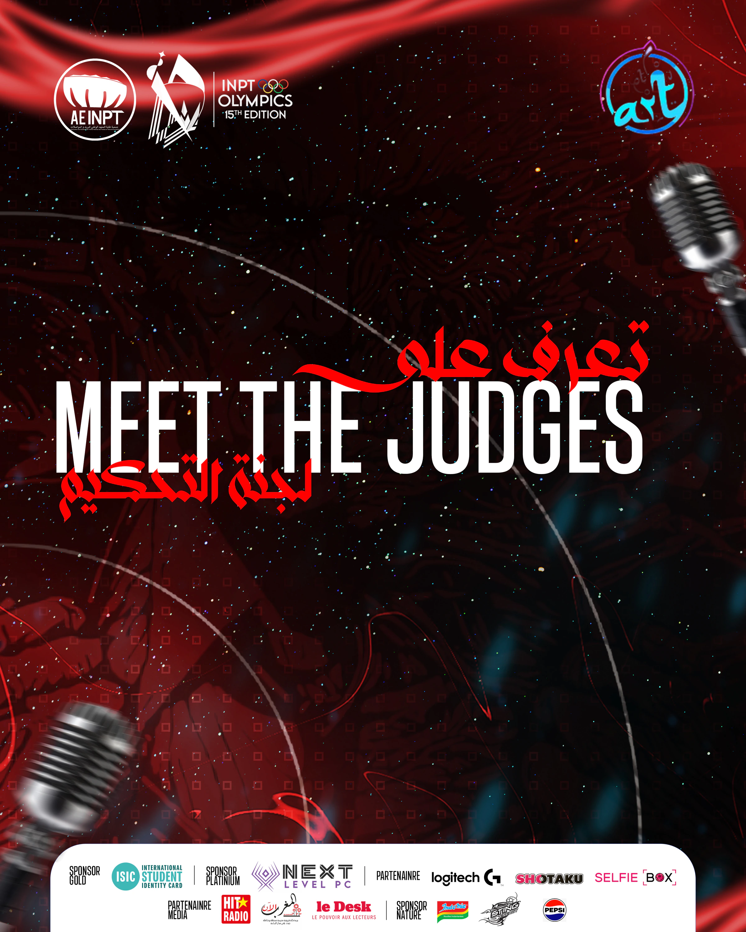 Olympiades XV — Meet The Judges. Red stage-themed poster with microphones, white condensed Latin typography, Arabic accents and a white sponsor footer.