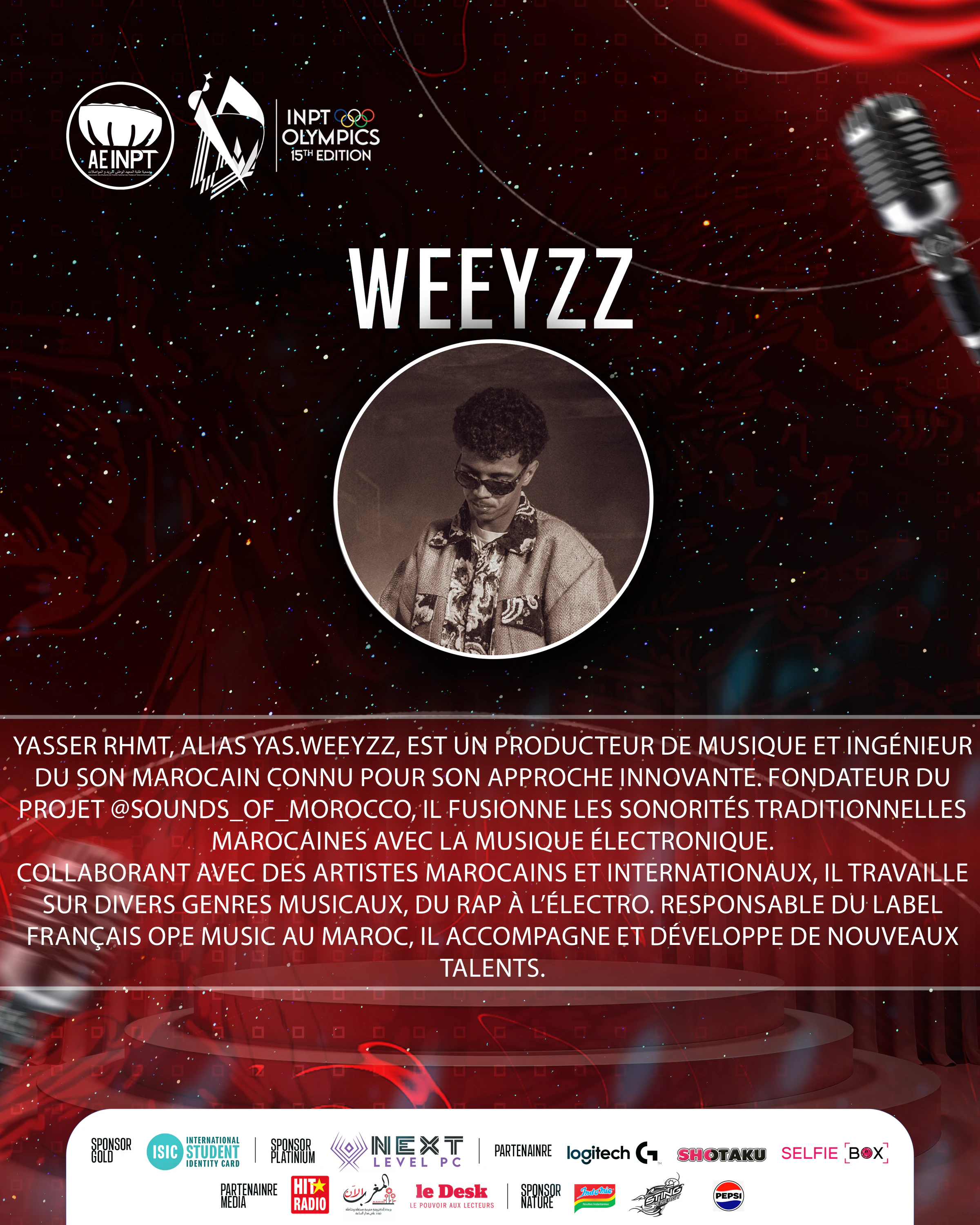 Olympiades XV — Weeyzz. Red stage-themed poster with microphones, white condensed Latin typography, Arabic accents and a white sponsor footer.