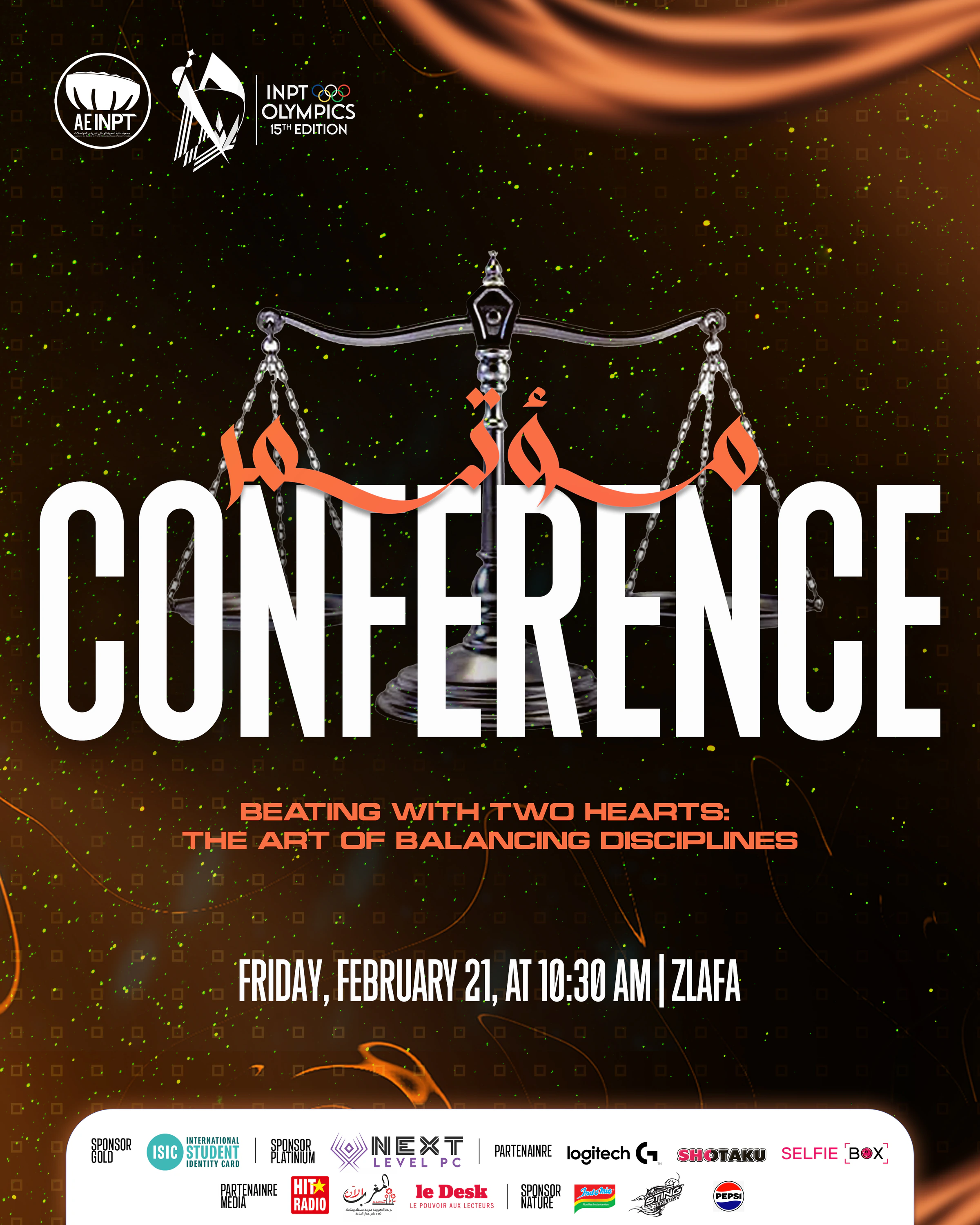 Olympiades XV — Conference. Amber conference poster with white event typography, orange information accents and a white sponsor footer.