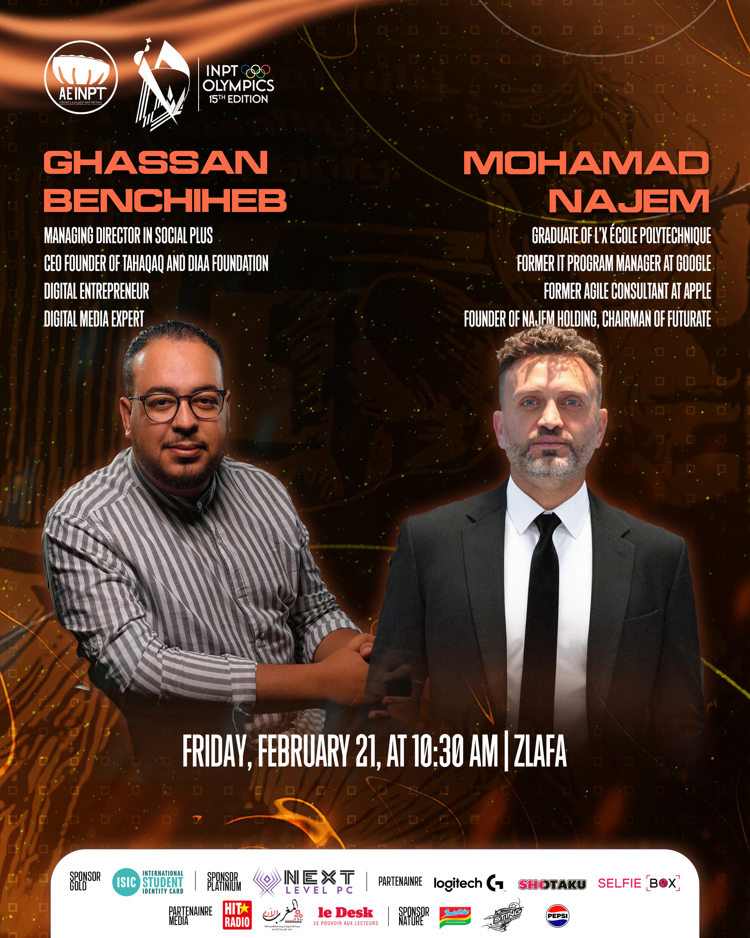 Olympiades XV — Ghassan And Mohamad. Amber conference poster with white event typography, orange information accents and a white sponsor footer.