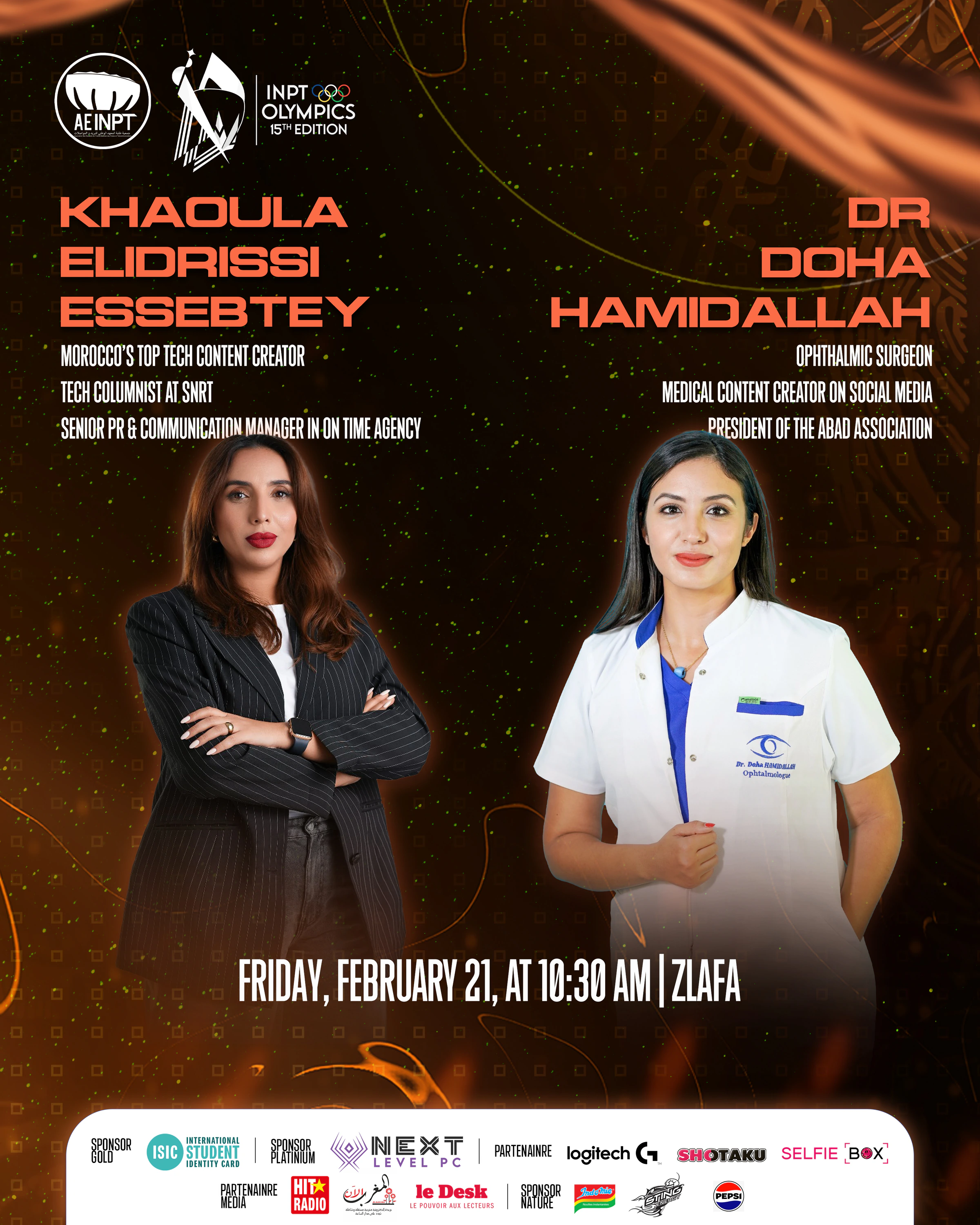 Olympiades XV — Khadija And Doha. Amber conference poster with white event typography, orange information accents and a white sponsor footer.