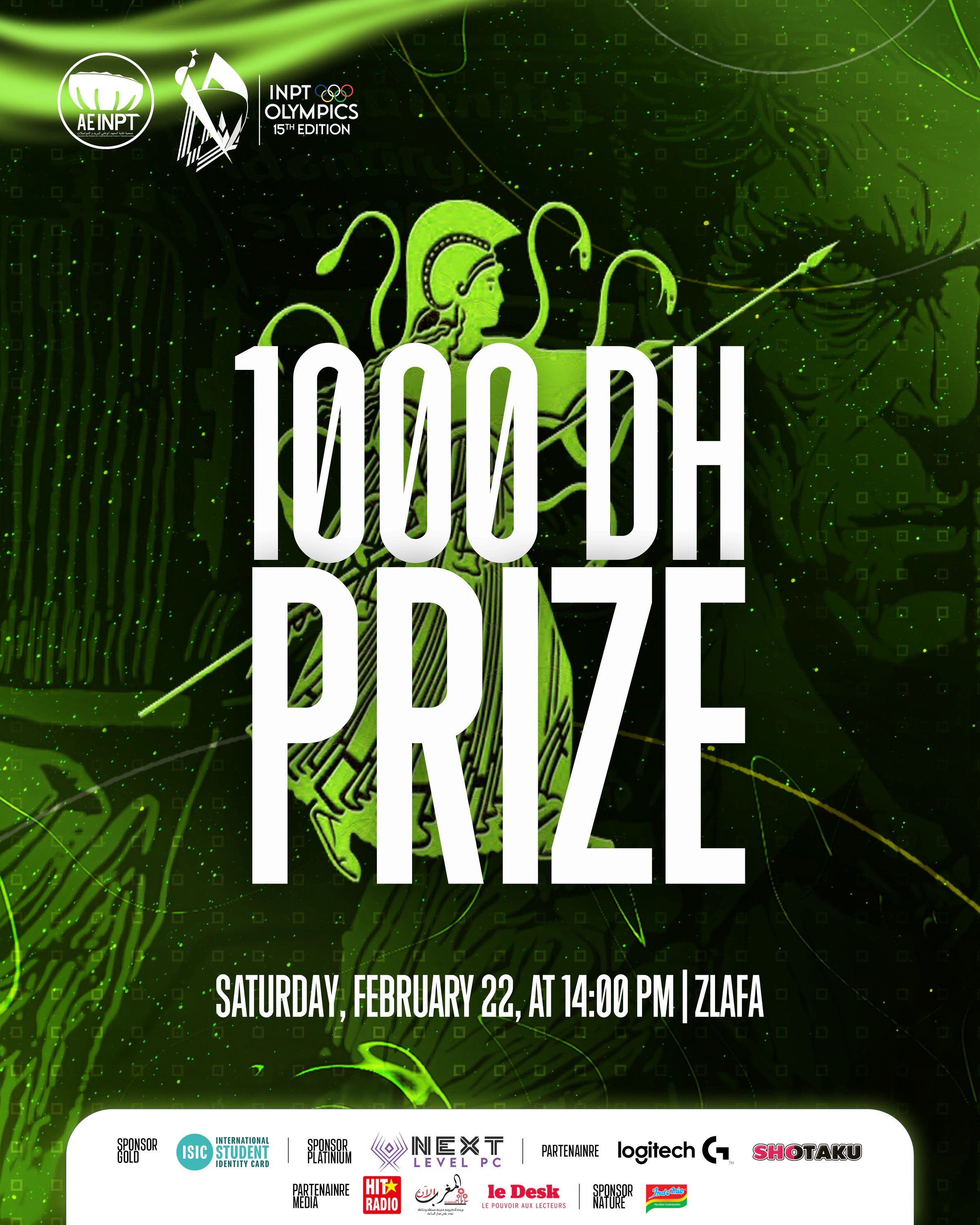 Olympiades XV — Prize. Green cultural-competition poster with large white condensed text, lime details and a separate white sponsor footer.