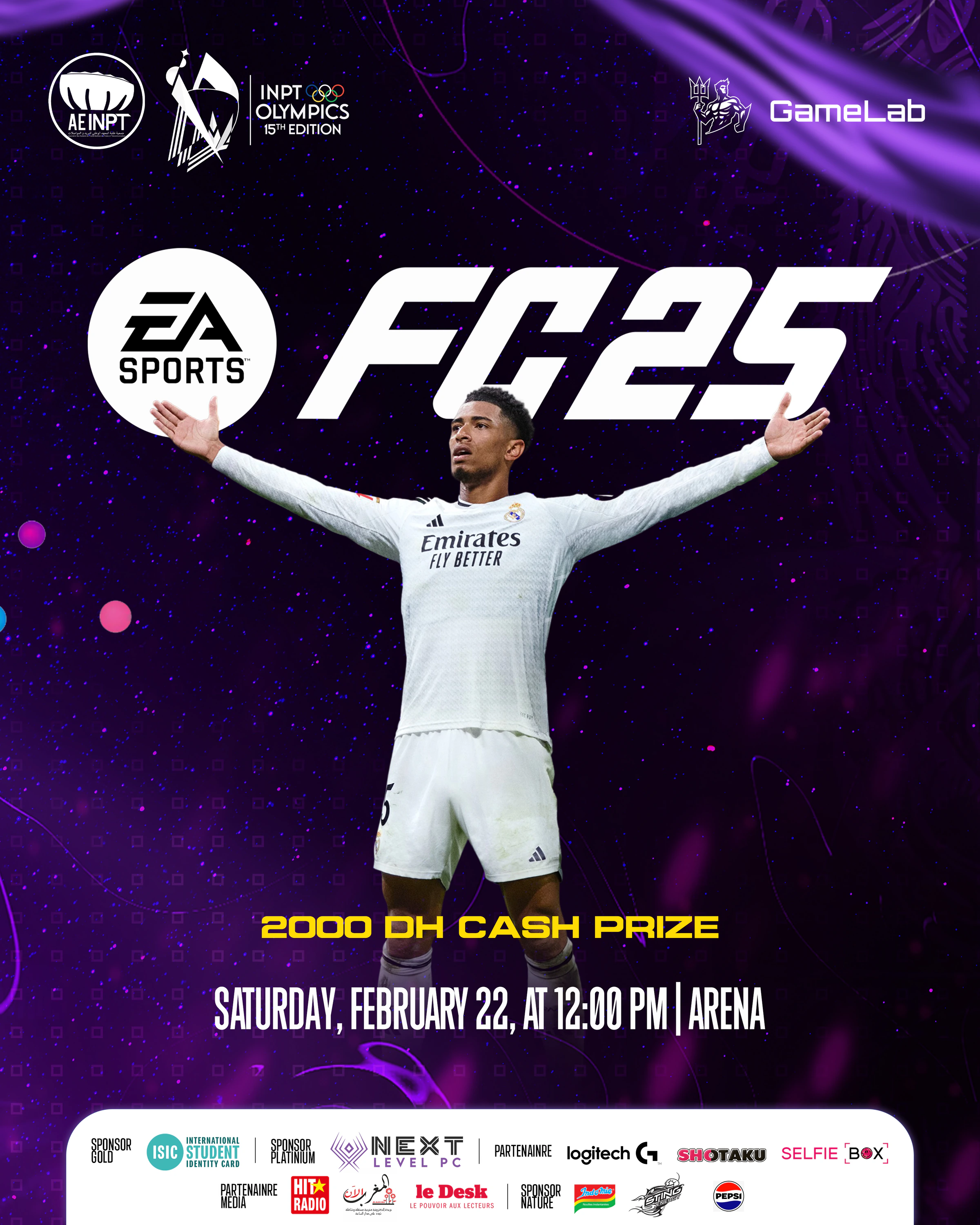 Olympiades XV — FC25. Violet esports poster with game imagery, prominent event lettering and a white sponsor strip beneath the date and venue.