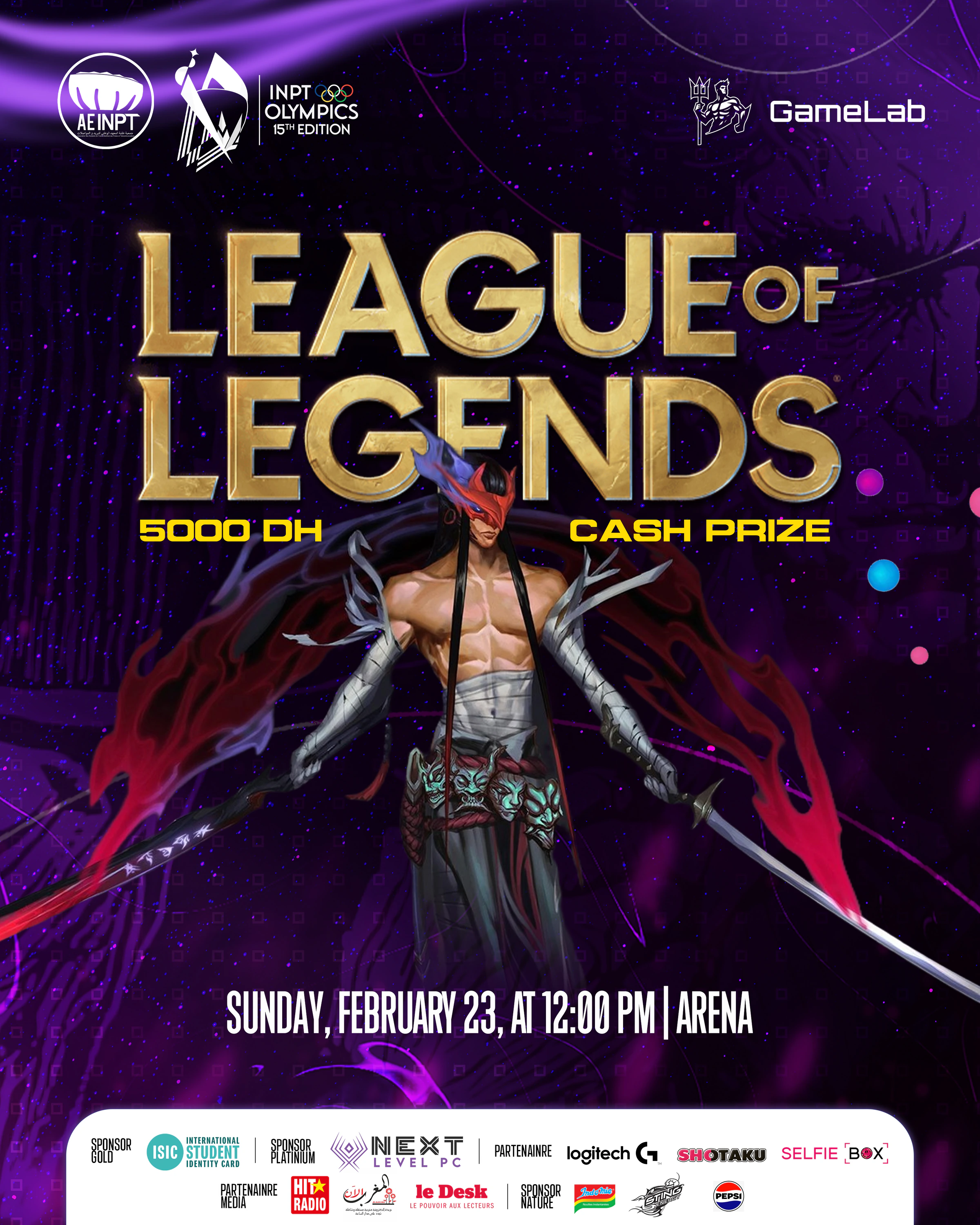 Olympiades XV — League Of Legends. Violet esports poster with game imagery, prominent event lettering and a white sponsor strip beneath the date and venue.