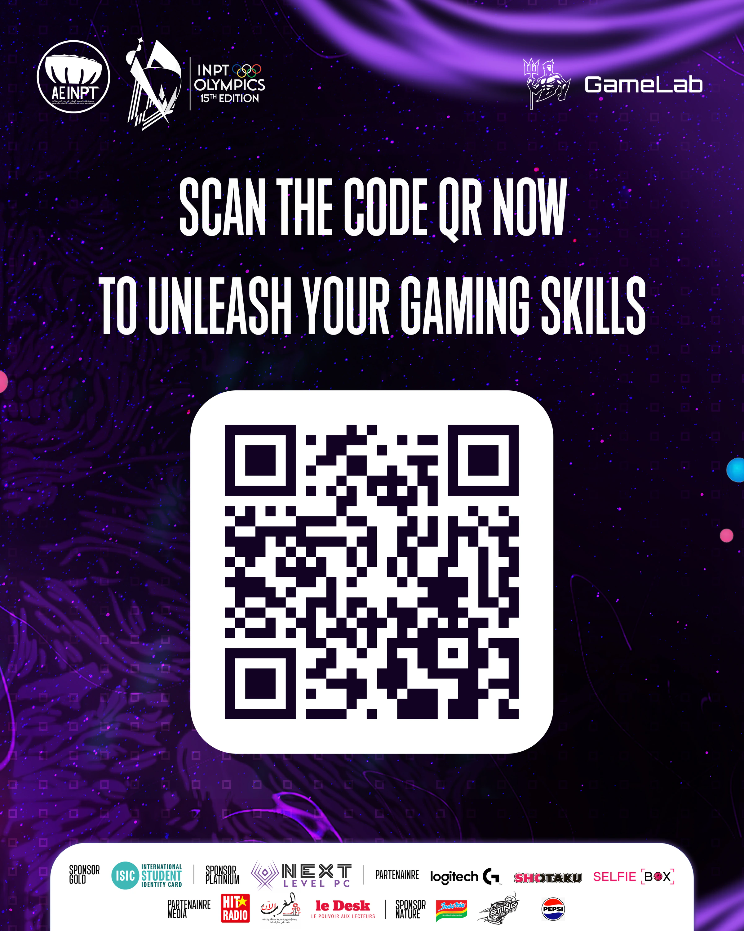 Large white registration QR code and condensed call to scan on a dark violet field above a white sponsor strip.